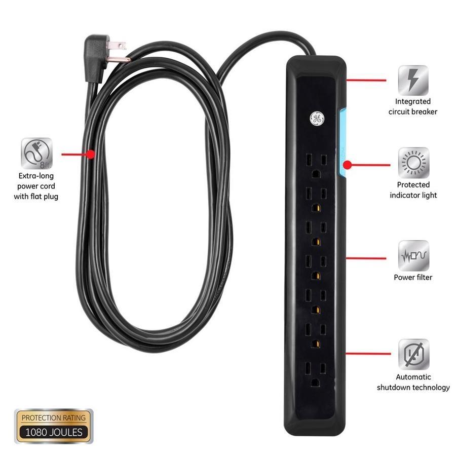 GE 34133 UltraPro Protecteur De Surtension Électrique 7 Prises 1080J 8Pi Noir - Simple Boutique
