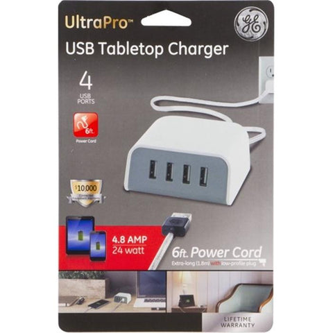 GE 36741 Chargeur de Table 4 Ports USB 4.8A Blanc