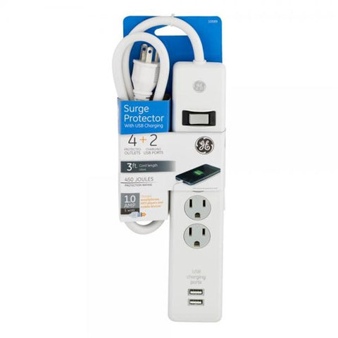 GE - Protecteur de Surtension à 4 Prises et 2 Ports USB, Câble de 3 Pieds, Blanc