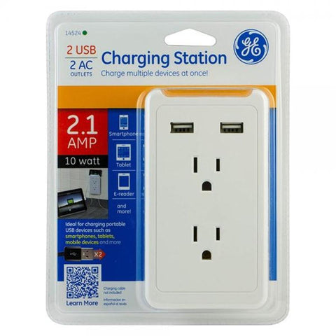 GE Station de Chargement 2 prises et 2 ports de chargement USB 2.1A Blanc