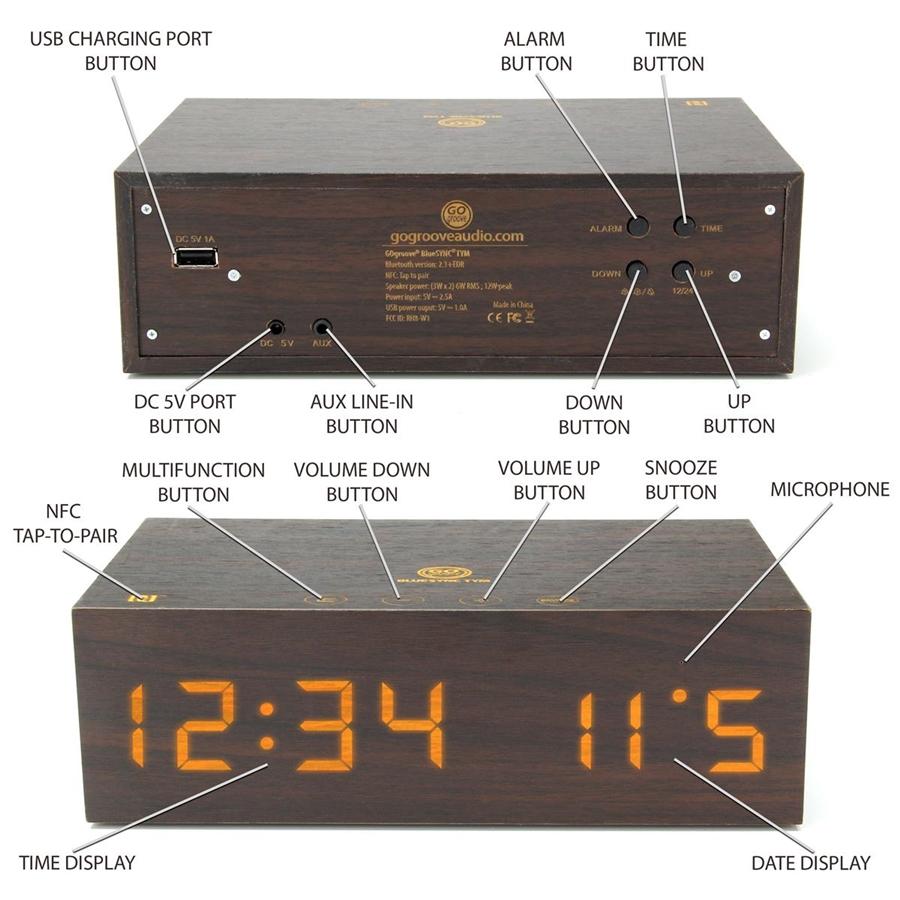 GOgroove GGBSTYM220BDUS Réveil Bluetooth sans fil avec chargeur USB, haut-parleur et micro - Simple Boutique