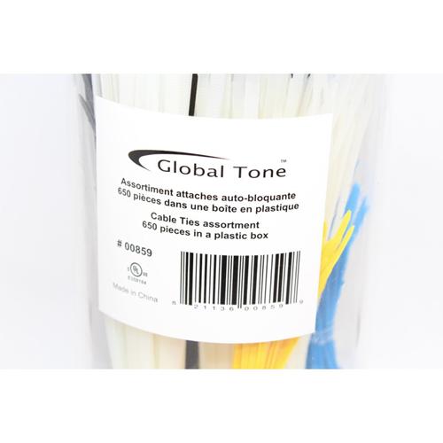 GlobalTone Assortiment attaches "Tie-Wraps" auto-bloquante 650 pcs dans boîte en plastique, 5 couleurs - Simple Boutique