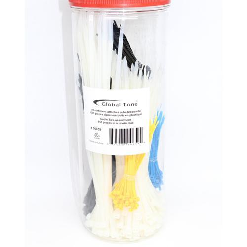 GlobalTone Assortiment attaches "Tie-Wraps" auto-bloquante 650 pcs dans boîte en plastique, 5 couleurs - Simple Boutique