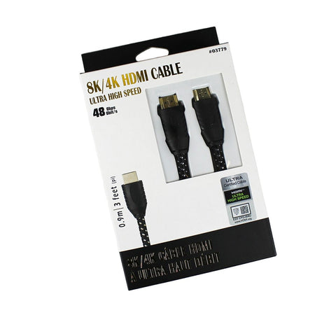 GlobalTone - Cable HDMI 2.1, Certifié 8K , Ultra Haut Débit, 48 Gbps, UHD, HDR, 30 AWG, Longeur de 3 Pieds, Noir