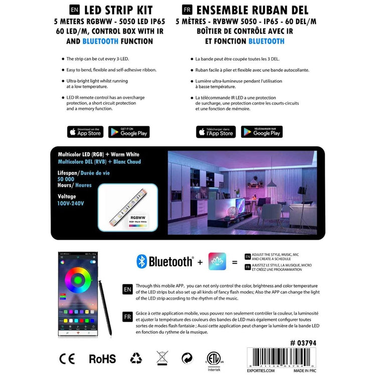GlobalTone - Ensemble Ruban DEL RGBW, Boitier de Contrôle avec IR et Fonction Bluetooth, 60 DEL par Mètre, Longeur de 6 Mètres - Simple Boutique