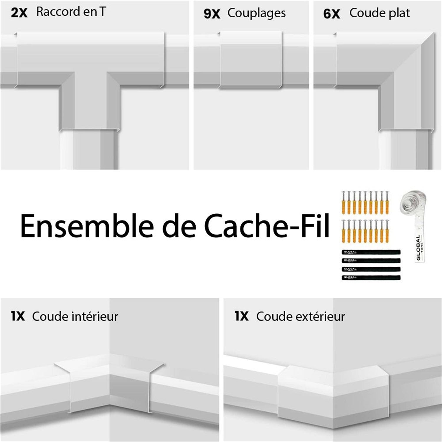 GlobalTone - Ensemble de Cache-fil Mural, Longeur de 150 Pouces, Peinturable, Blanc Mat - Simple Boutique