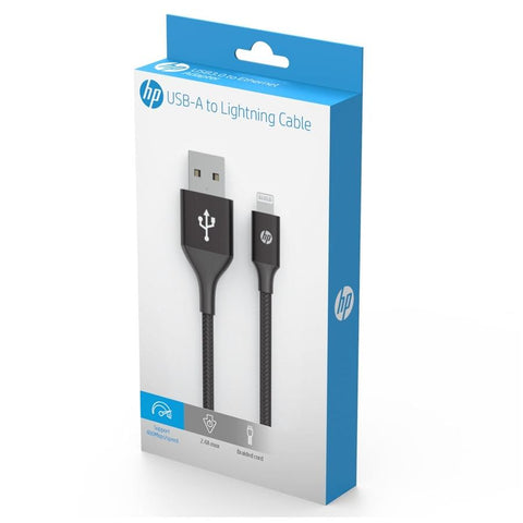 HP - Câble USB A à Lightning, Charge et Synchronisation, Alliage en Aluminium, Longeur de 2 Mètre, Noir