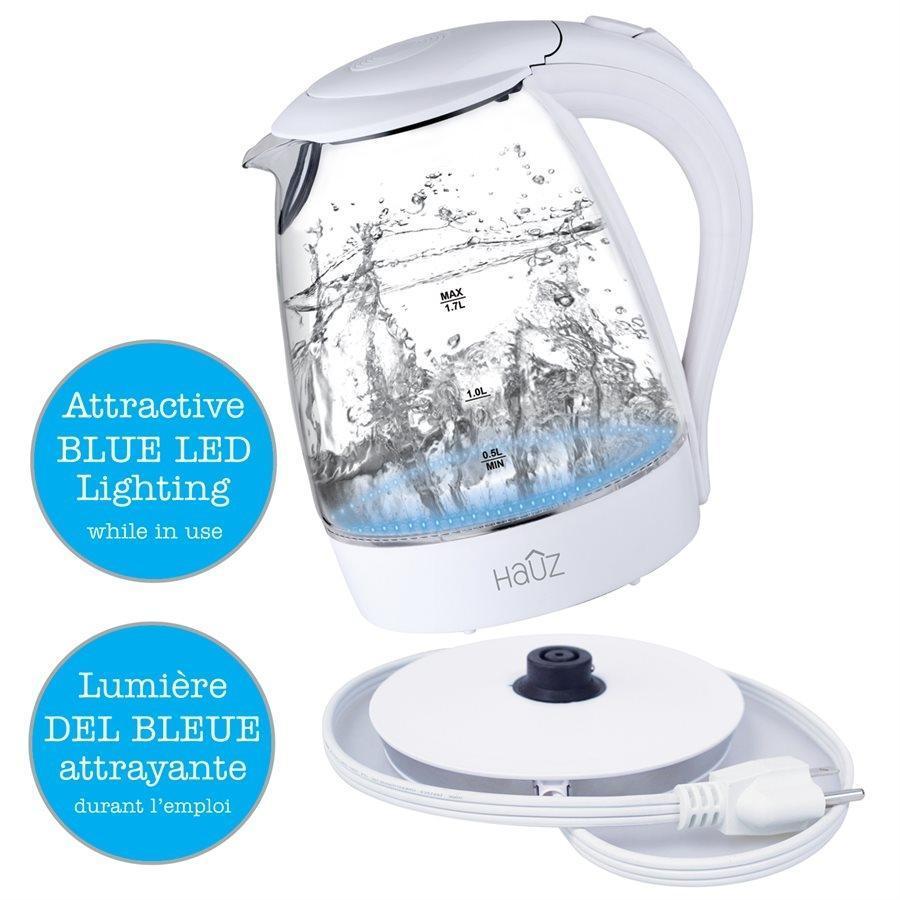 Hauz Bouilloire Illuminée LED Bleu En Verre 7 Tasses 1.7 Litres Blanc