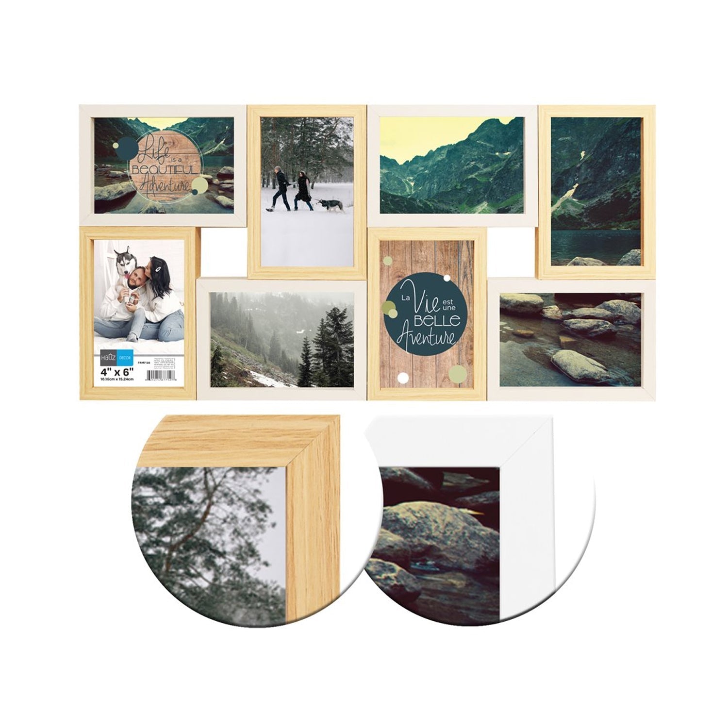 Hauz FRM7128 - 8 Images 4x6 Cadre de Photos Flottant Collage Blanc & Style Bois Pâle - Simple Boutique