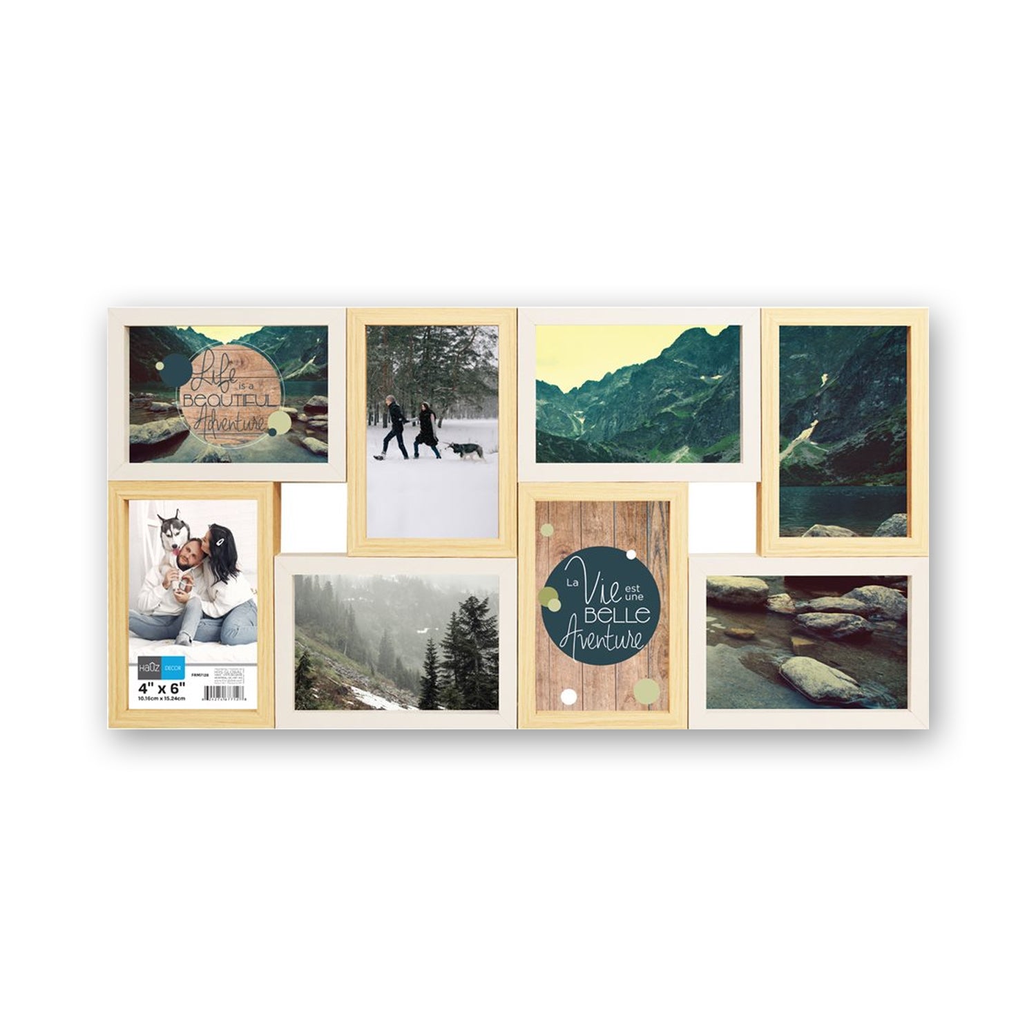 Hauz FRM7128 - 8 Images 4x6 Cadre de Photos Flottant Collage Blanc & Style Bois Pâle - Simple Boutique