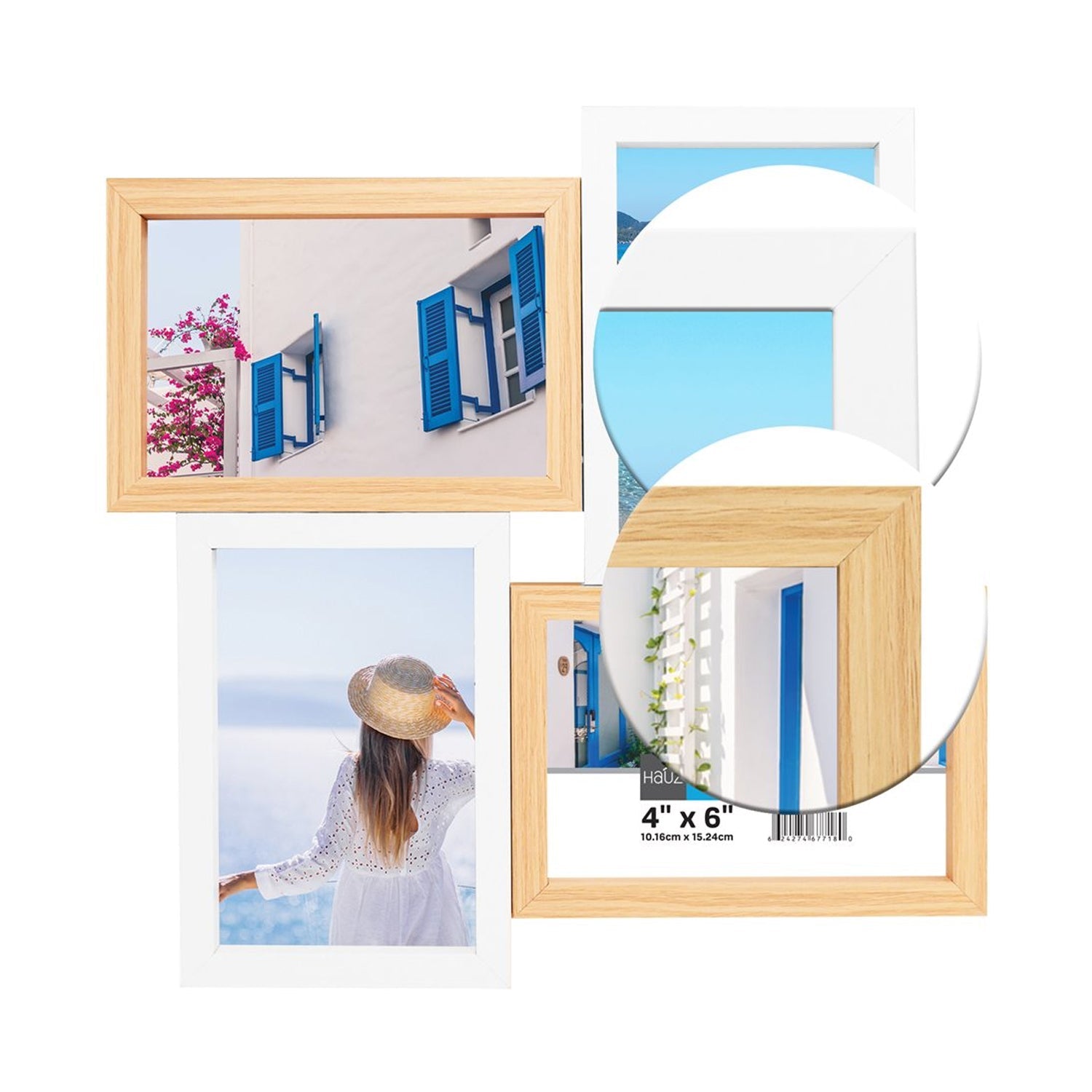 Hauz FRM7180 - 4 Images 4x6 Cadre de Photos Flottant Collage Blanc & Style Bois Pâle - Simple Boutique