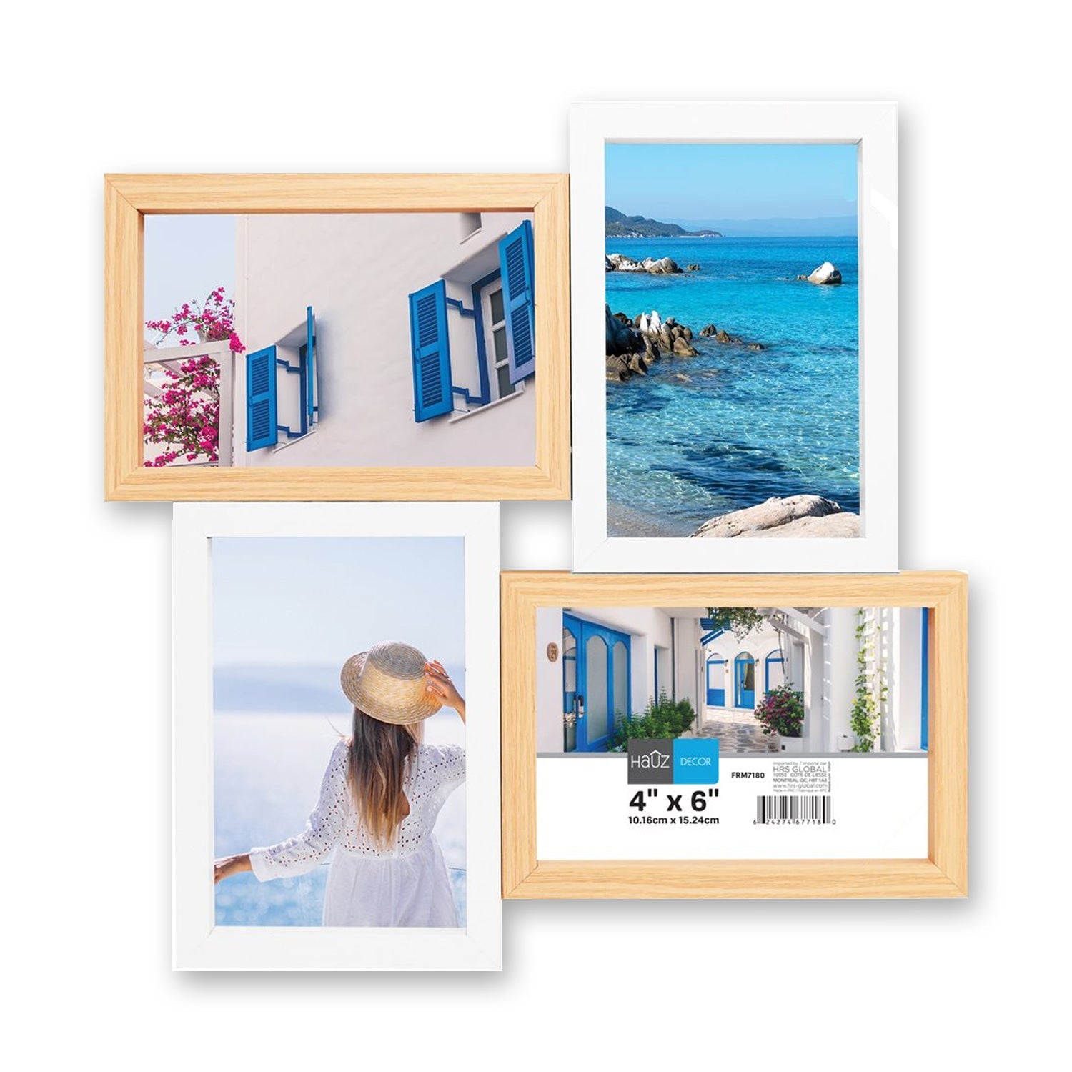 Hauz FRM7180 - 4 Images 4x6 Cadre de Photos Flottant Collage Blanc & Style Bois Pâle - Simple Boutique