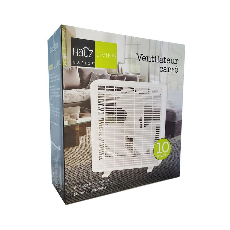 Hauz - Ventillateur Carré de 10", Réglage à 3 Vitesses, Moteur Silencieux, Blanc - Simple Boutique