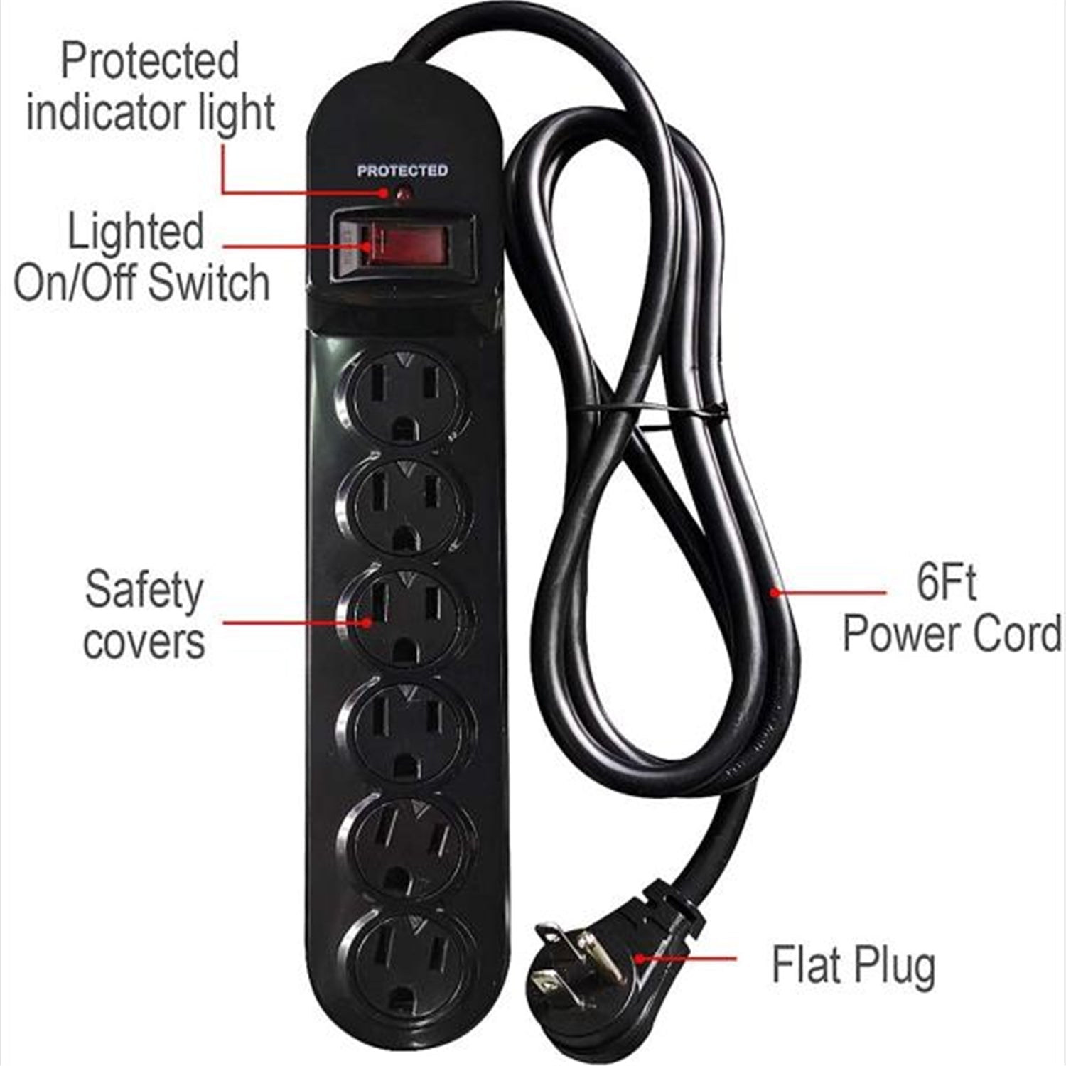 Hyper Tough - Protecteur de Surtension à 6 Prises, 900 Joules, Câble de 6 Pieds, Noir - Simple Boutique