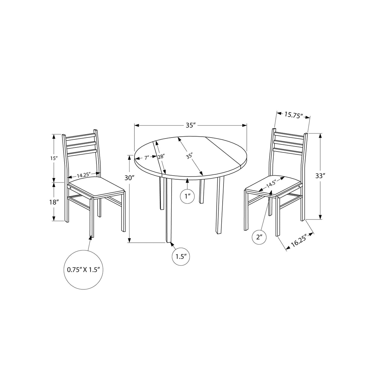 Monarch Specialties I 1003 Ensemble De Table À Manger, Ensemble 3pcs, Petit, Tablette Rabatante 35", Cuisine, Métal, Stratifié, Brun, Noir, Contemporain, Moderne - Simple Boutique