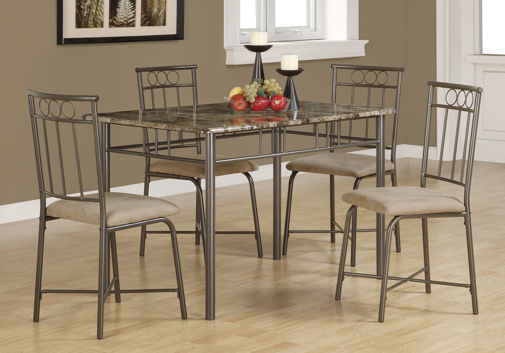 I 1029 Ensemble De Table À Manger, 5pcs Ensemble, Petit, 48" Rectangulaire, Faux Marbre, Cuisine, Métal, Stratifié, D'aspect Marbre Brun, Contemporain, Moderne - Simple Boutique