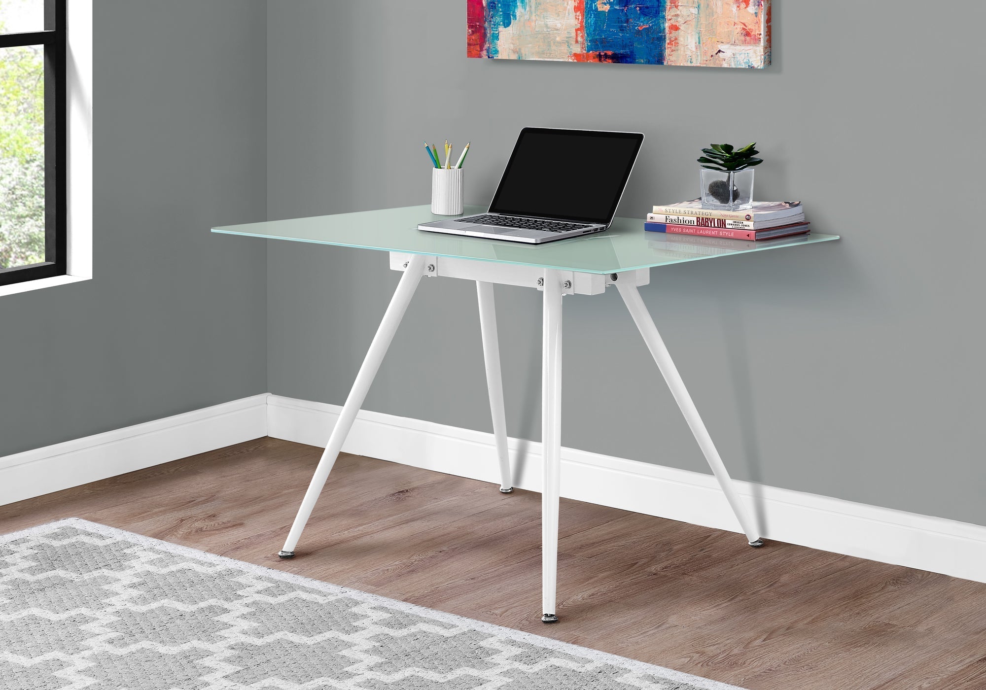 I 1032 Bureau, Bureau À Domicile, Ordinateur Portable, 48"l, Travail, Métal, Verre Trempé, Blanc, Contemporain, Moderne - Simple Boutique