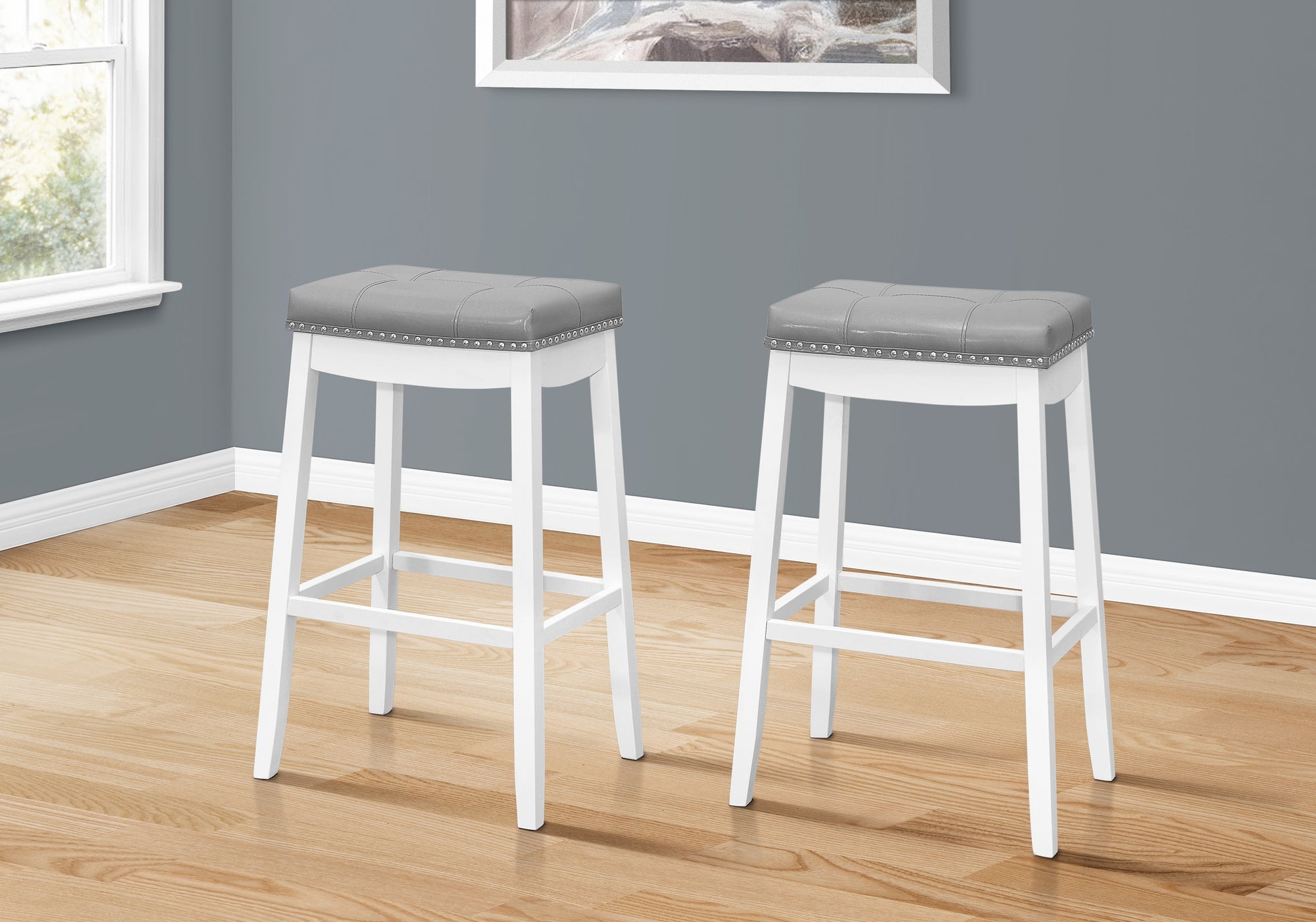 I 1262 Tabouret De Bar, Lot De 2, Hauteur Bar, Siège De Selle, Bois, Pu D'aspect Cuir, Blanc, Gris, Transitionnel - Simple Boutique