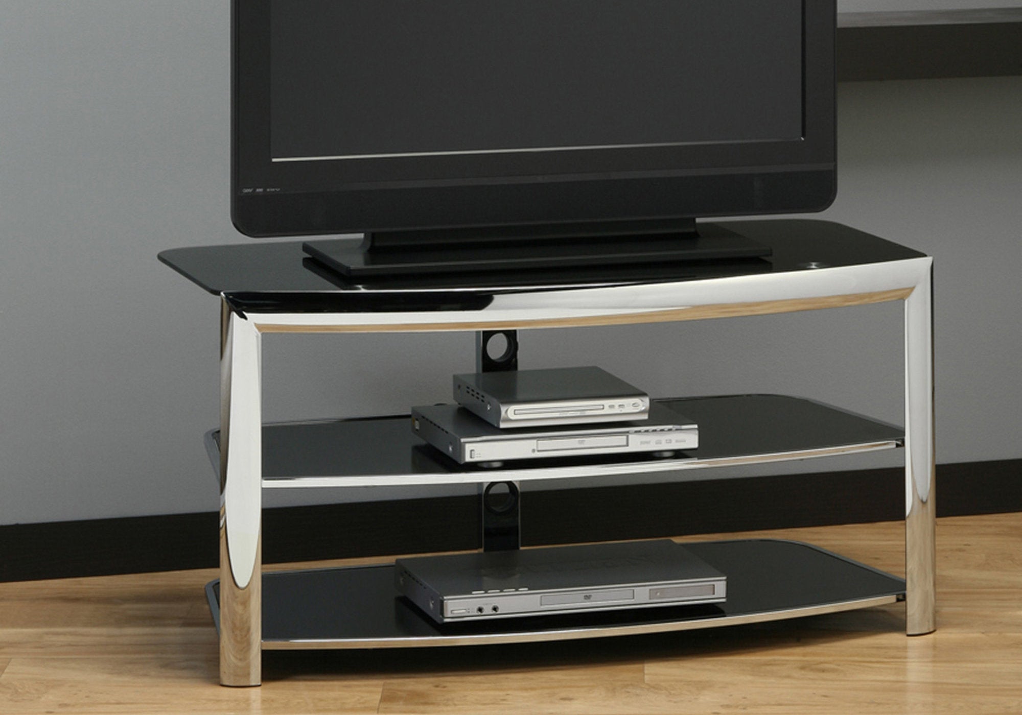 I 2038 Meuble Tv, 43 Pouces, Console, Centre De Divertissement Média, Étagères De Rangement, Salon, Chambre À Coucher, Métal, Verre Trempé, Chrome, Contemporain, Moderne - Simple Boutique