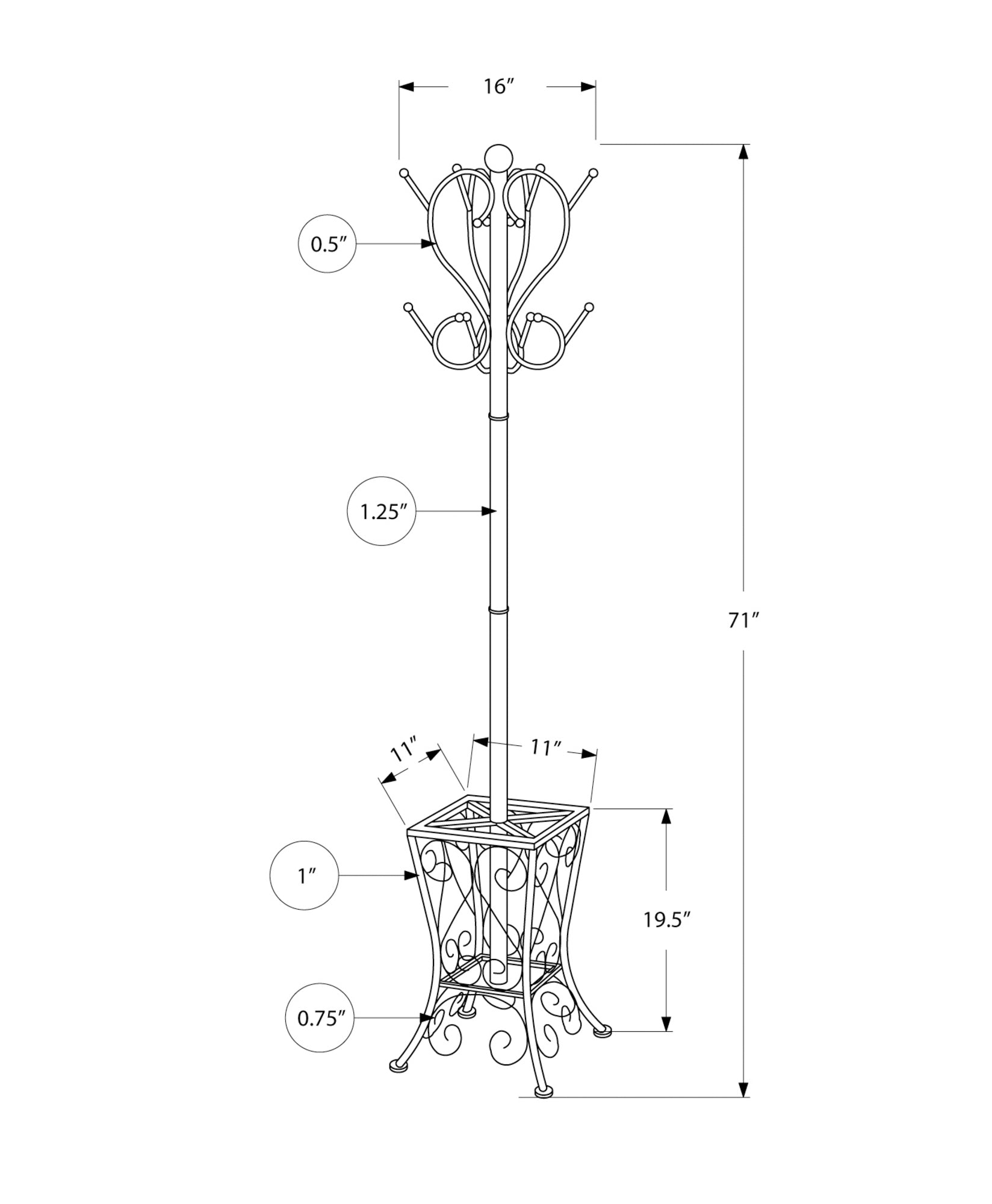 I 2060 Patère, Portemanteau, Sur Pied, 8 Crochets, Entrée, 71"h, Porte Parapluie, Chambre À Coucher, Métal, Noir, Transitionnel - Simple Boutique
