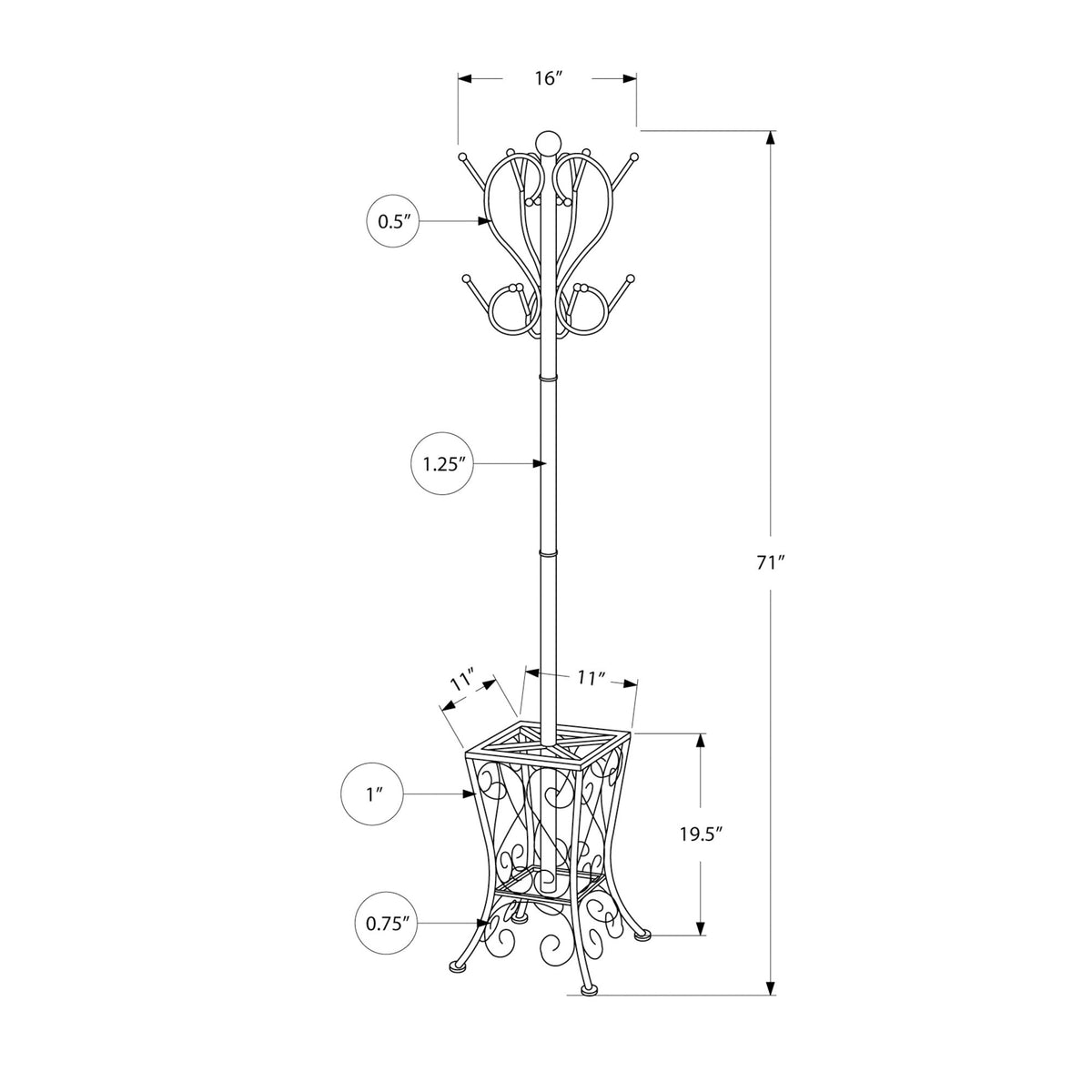 I 2060 Patère, Portemanteau, Sur Pied, 8 Crochets, Entrée, 71"h, Porte Parapluie, Chambre À Coucher, Métal, Noir, Transitionnel - Simple Boutique