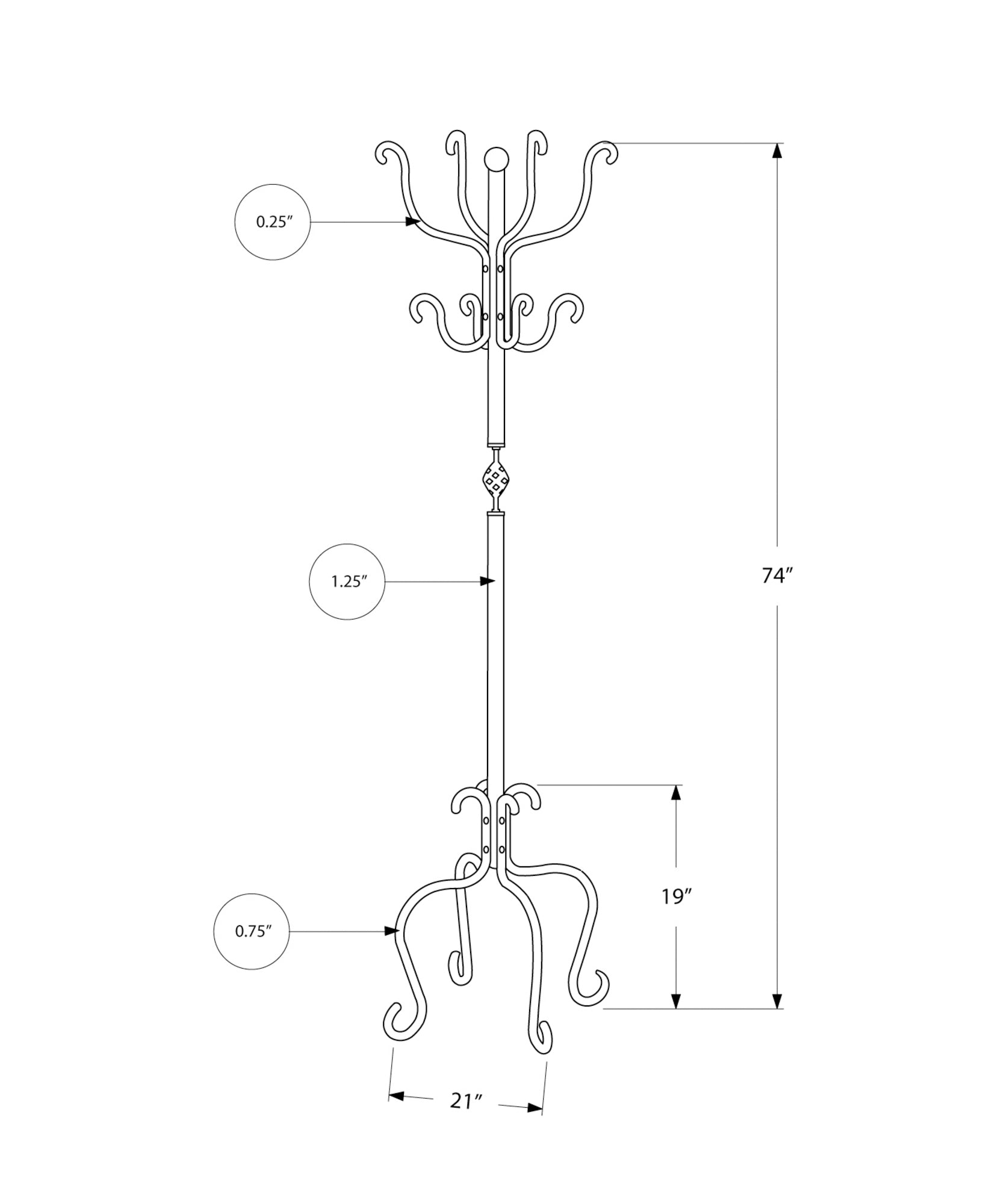 I 2065 Patère, Portemanteau, Sur Pied, 8 Crochets, Entrée, 74"h, Chambre À Coucher, Métal, Noir, Transitionnel - Simple Boutique