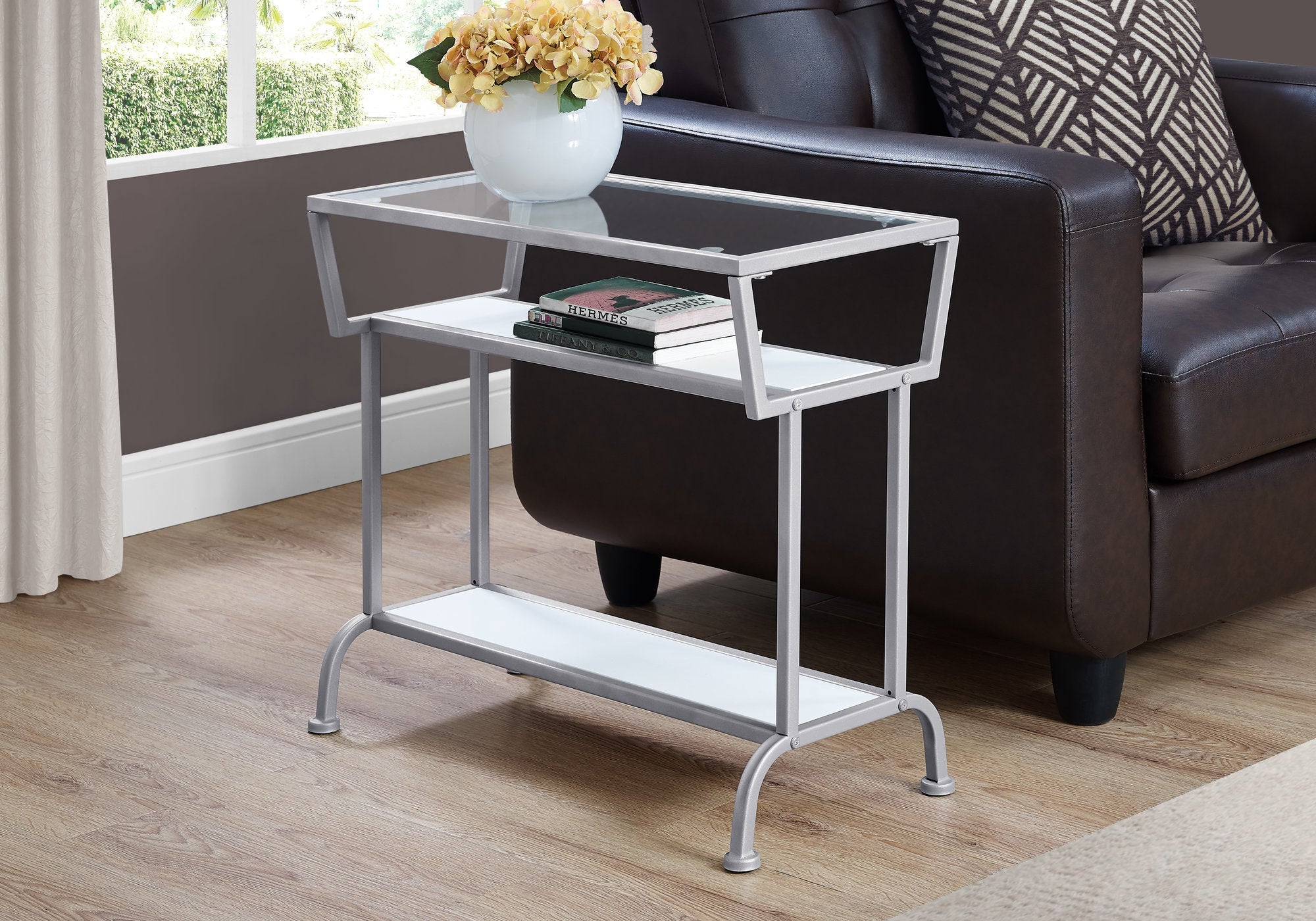 I 2068 Table D'appoint, Côté, Bout, Étroit, Petit, 2 Niveaux, Salon, Chambre À Coucher, Métal, Verre Trempé, Stratifié, Blanc, Gris, Contemporain, Moderne - Simple Boutique