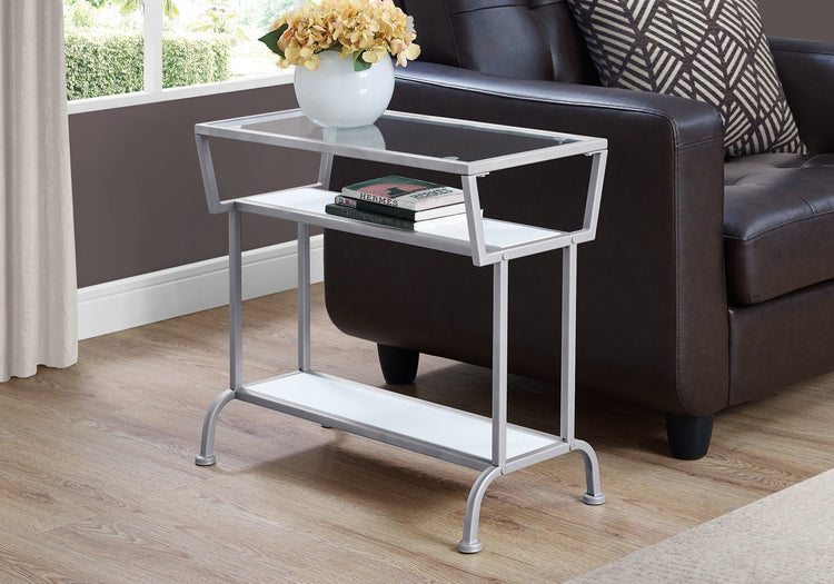 I 2068 Table D'appoint, Côté, Bout, Étroit, Petit, 2 Niveaux, Salon, Chambre À Coucher, Métal, Verre Trempé, Stratifié, Blanc, Gris, Contemporain, Moderne - Simple Boutique