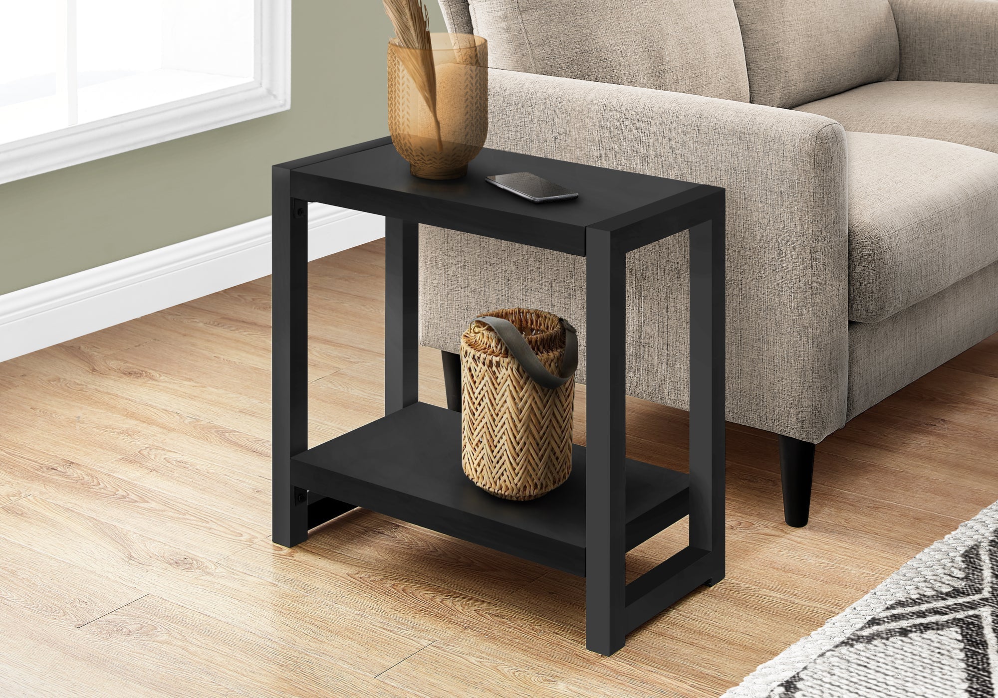 I 2081 Table D'appoint, Côté, Bout, Étroit, Petit, 2 Niveaux, Salon, Chambre À Coucher, Métal, Stratifié, Noir, Contemporain, Moderne - Simple Boutique