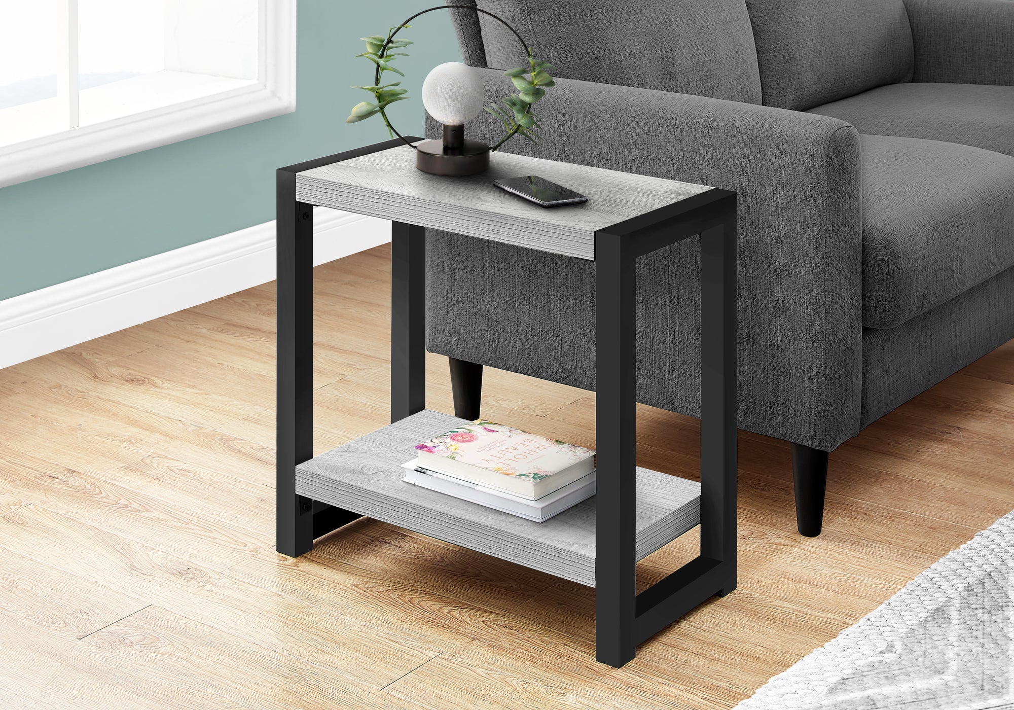 I 2082 Table D'appoint, Côté, Bout, Étroit, Petit, 2 Niveaux, Salon, Chambre À Coucher, Métal, Stratifié, Gris, Noir, Contemporain, Moderne - Simple Boutique