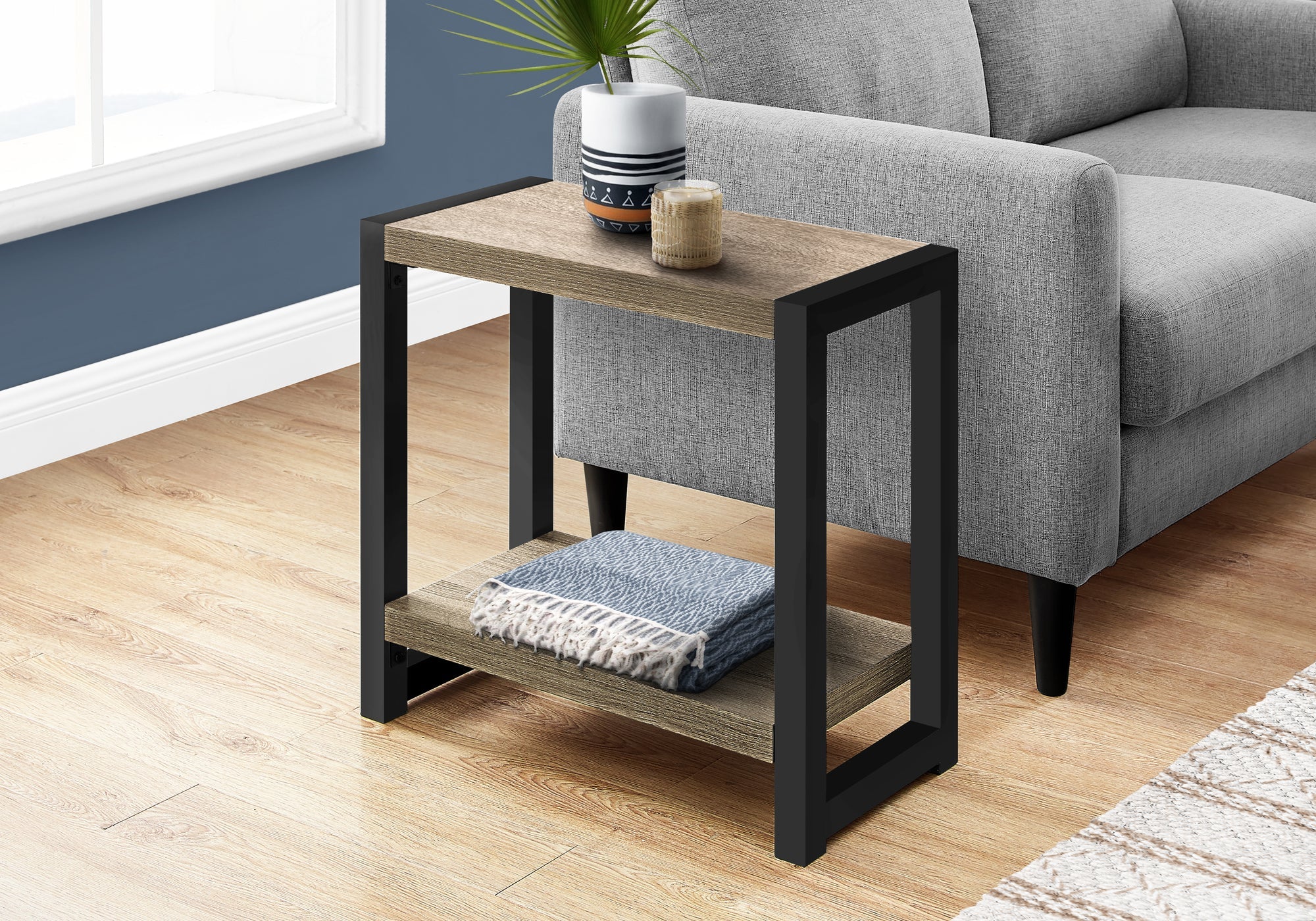 I 2083 Table D'appoint, Côté, Bout, Étroit, Petit, 2 Niveaux, Salon, Chambre À Coucher, Métal, Stratifié, Brun, Noir, Contemporain, Moderne - Simple Boutique