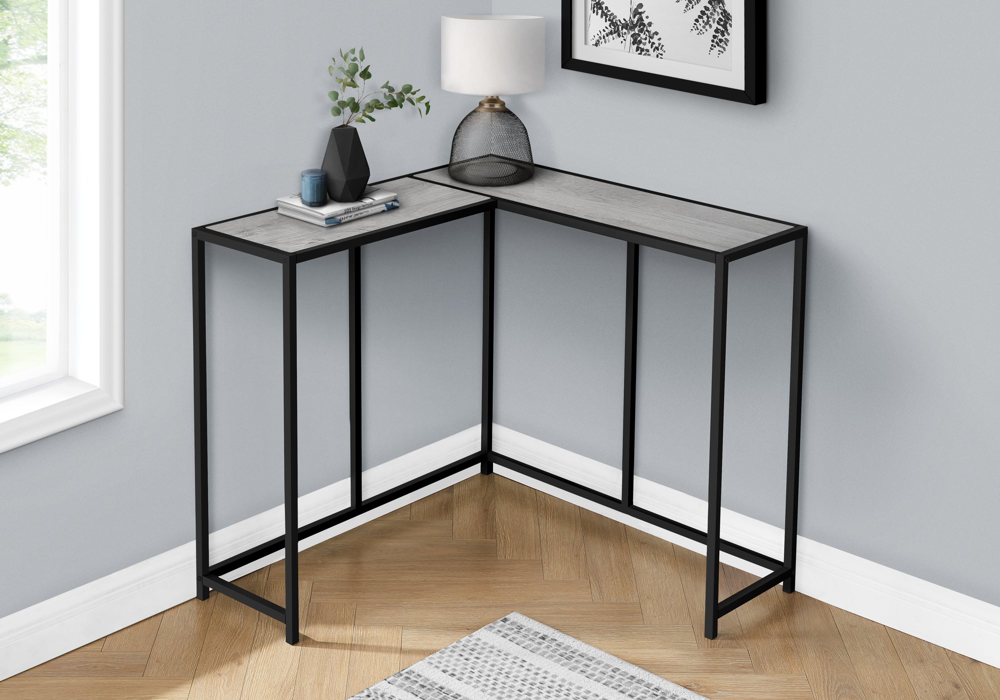 I 2156 Table D'appoint, Console, Entrée, Étroit, Coin, Salon, Chambre À Coucher, Métal, Stratifié, Gris, Noir, Contemporain, Moderne - Simple Boutique