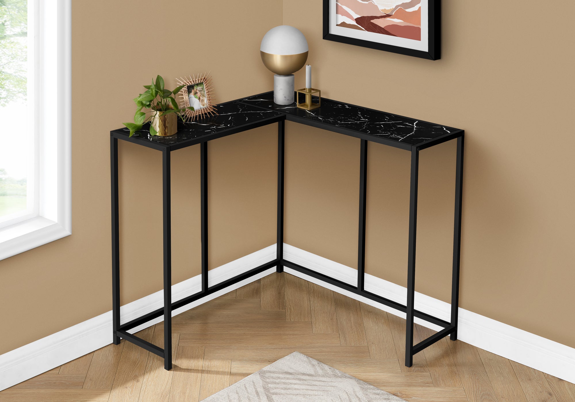 I 2158 Table D'appoint, Console, Entrée, Étroit, Coin, Salon, Chambre À Coucher, Métal, Stratifié, D'aspect Marbre Noir, Contemporain, Moderne - Simple Boutique