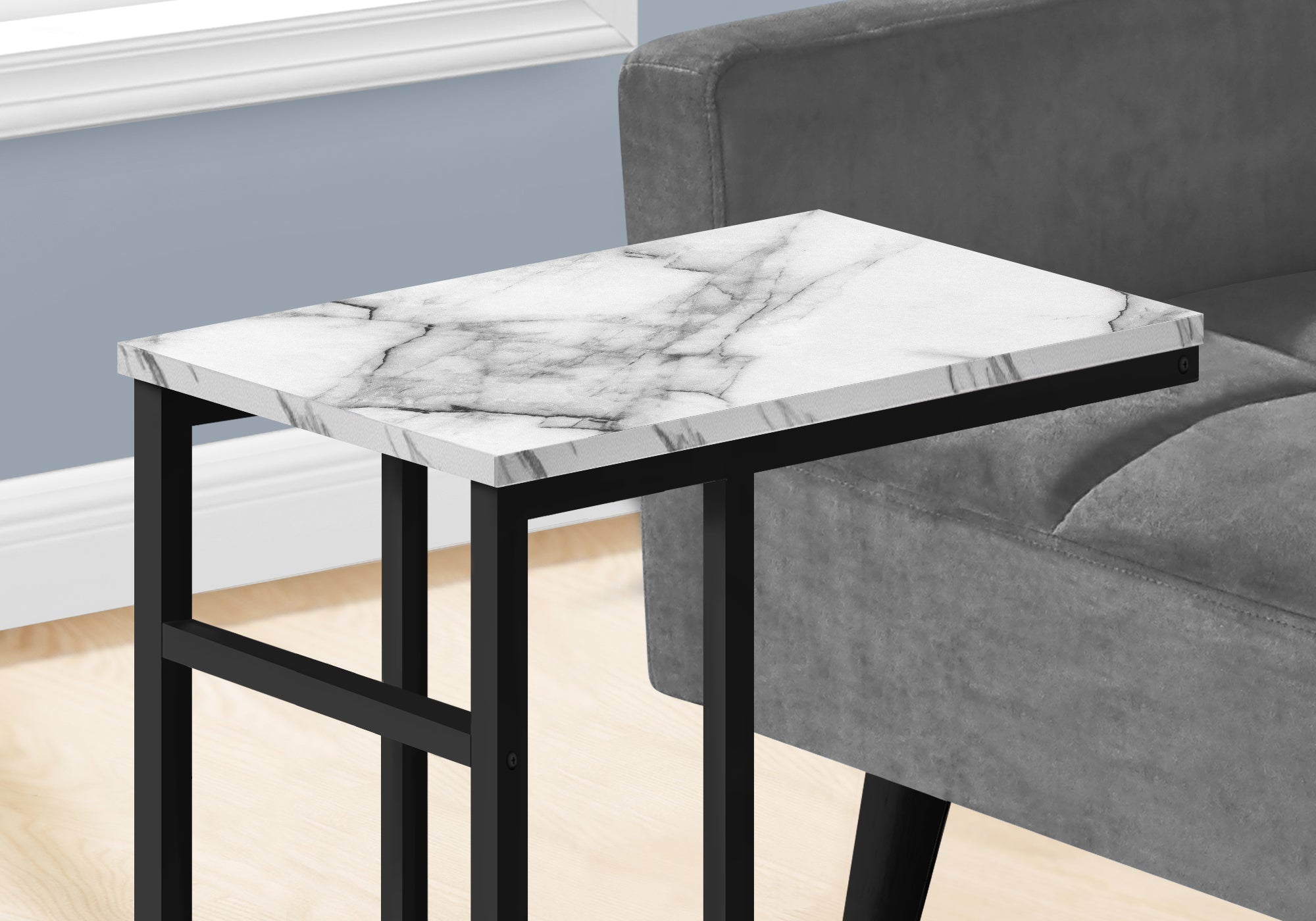 I 2173 Table D'appoint, En Forme De C, Bout, Côté, Collation, Salon, Chambre À Coucher, Métal, Stratifié, Aspect Marbre Blanc, Noir, Contemporain, Moderne - Simple Boutique