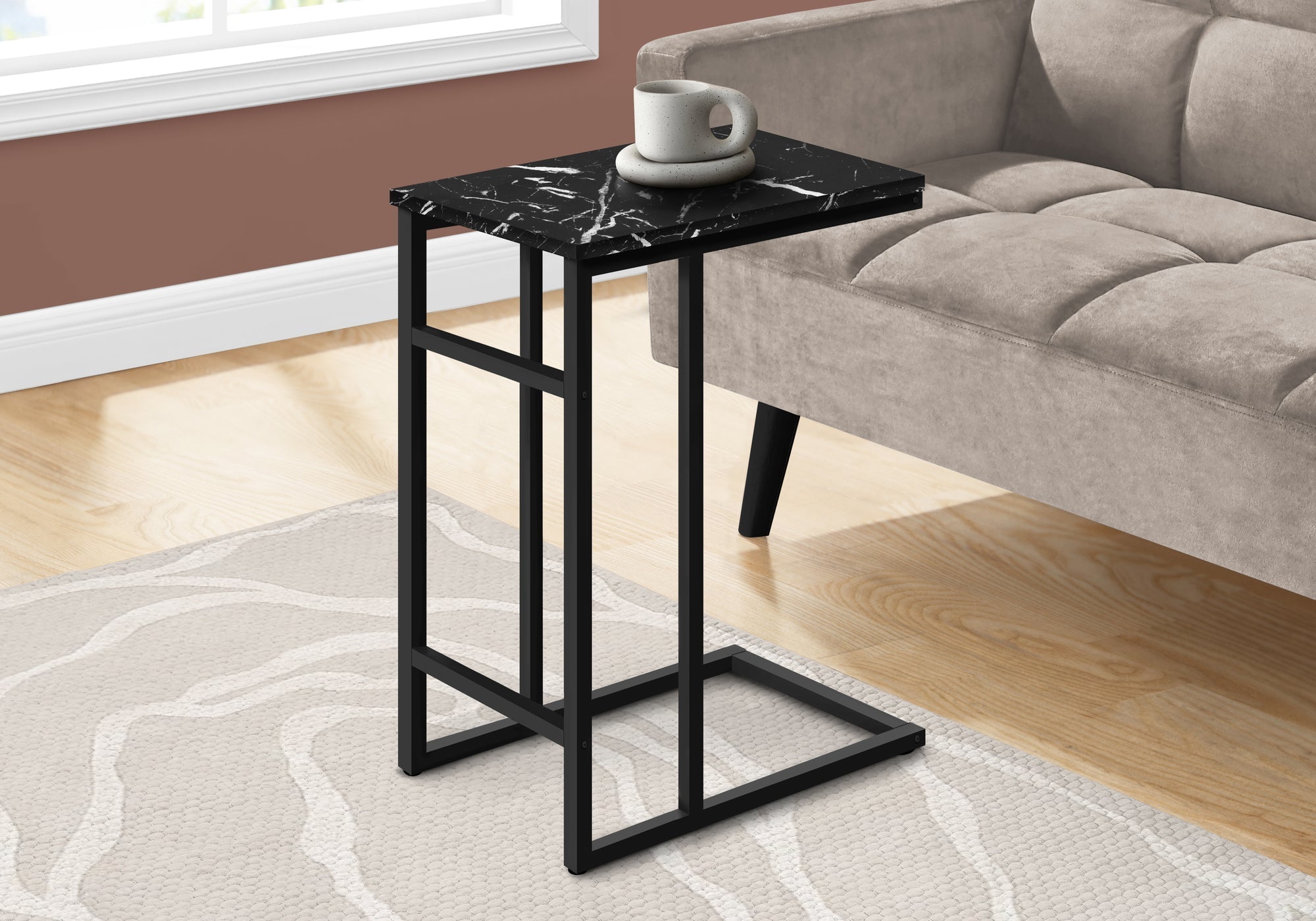 I 2174 Table D'appoint, En Forme De C, Bout, Côté, Collation, Salon, Chambre À Coucher, Métal, Stratifié, D'aspect Marbre Noir, Contemporain, Moderne - Simple Boutique