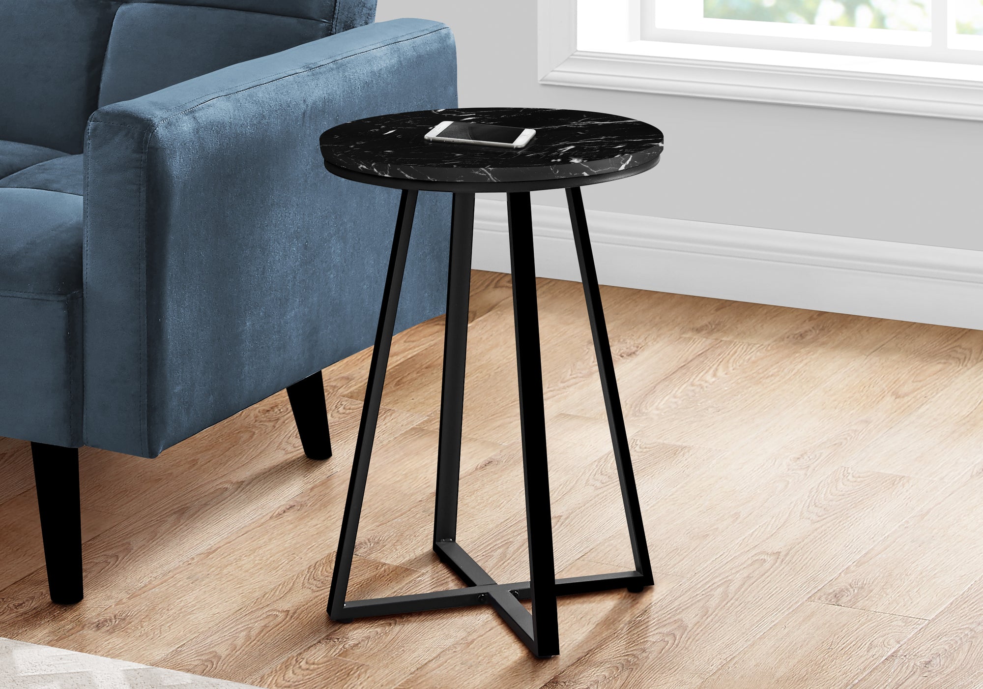 I 2179 Table D'appoint, Côté, Rond, Bout, Table De Nuit, Lampe, Salon, Chambre À Coucher, Métal, Stratifié, D'aspect Marbre Noir, Contemporain, Moderne - Simple Boutique