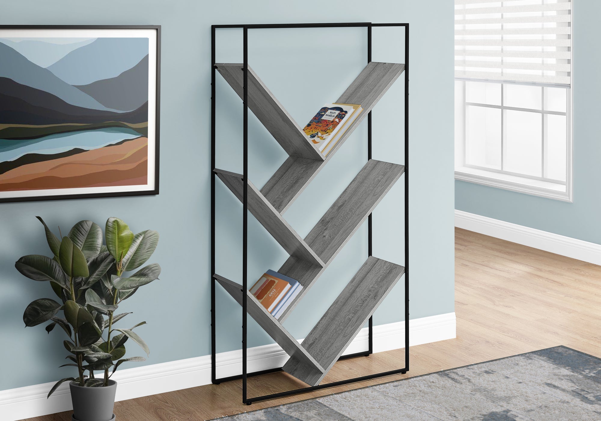 I 2200 Étagère À Livres, Étagère, Étagère, 3 Niveaux, 60"h, Bureau, Chambre À Coucher, Métal, Stratifié, Gris, Noir, Contemporain, Moderne - Simple Boutique