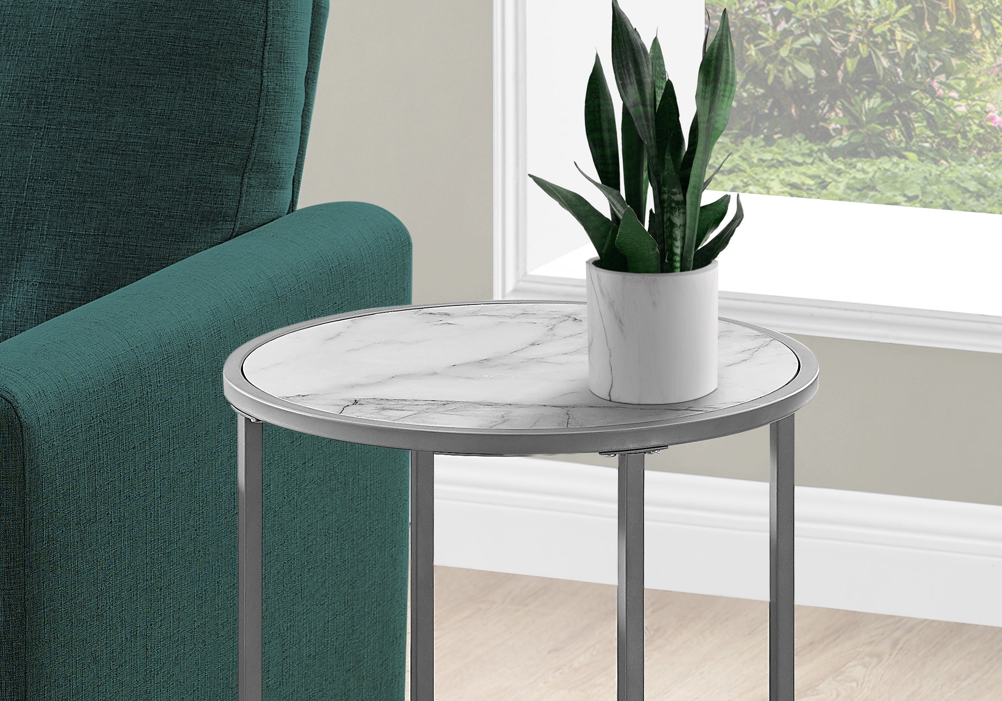 I 2205 Table D'appoint, Côté, Rond, Bout, Table De Nuit, Lampe, Salon, Chambre À Coucher, Métal, Stratifié, Aspect Marbre Blanc, Gris, Contemporain, Moderne - Simple Boutique