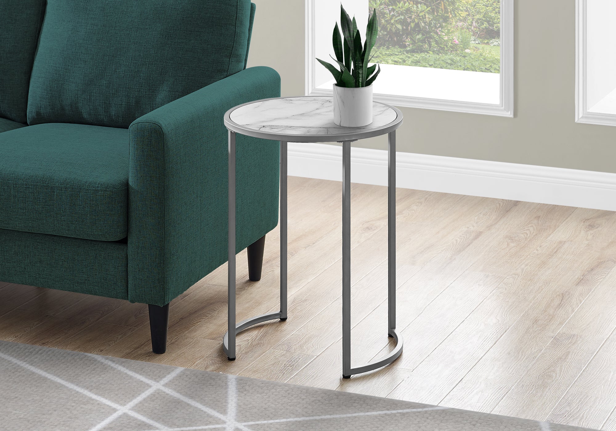 I 2205 Table D'appoint, Côté, Rond, Bout, Table De Nuit, Lampe, Salon, Chambre À Coucher, Métal, Stratifié, Aspect Marbre Blanc, Gris, Contemporain, Moderne - Simple Boutique