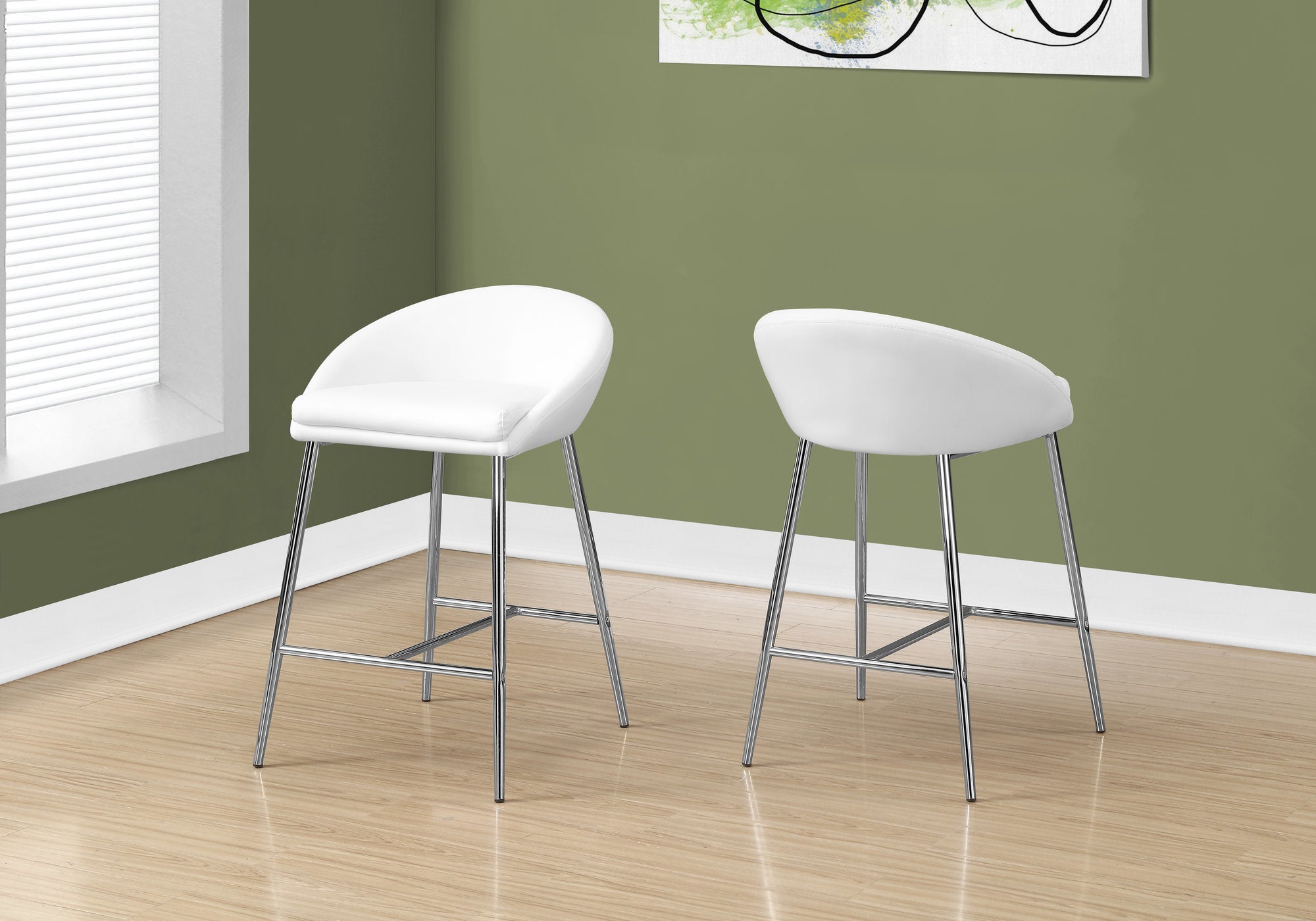 I 2296 Tabouret De Bar, Lot De 2, Hauteur Du Comptoir, Cuisine, Métal, Pu D'aspect Cuir, Blanc, Chrome, Contemporain, Moderne - Simple Boutique