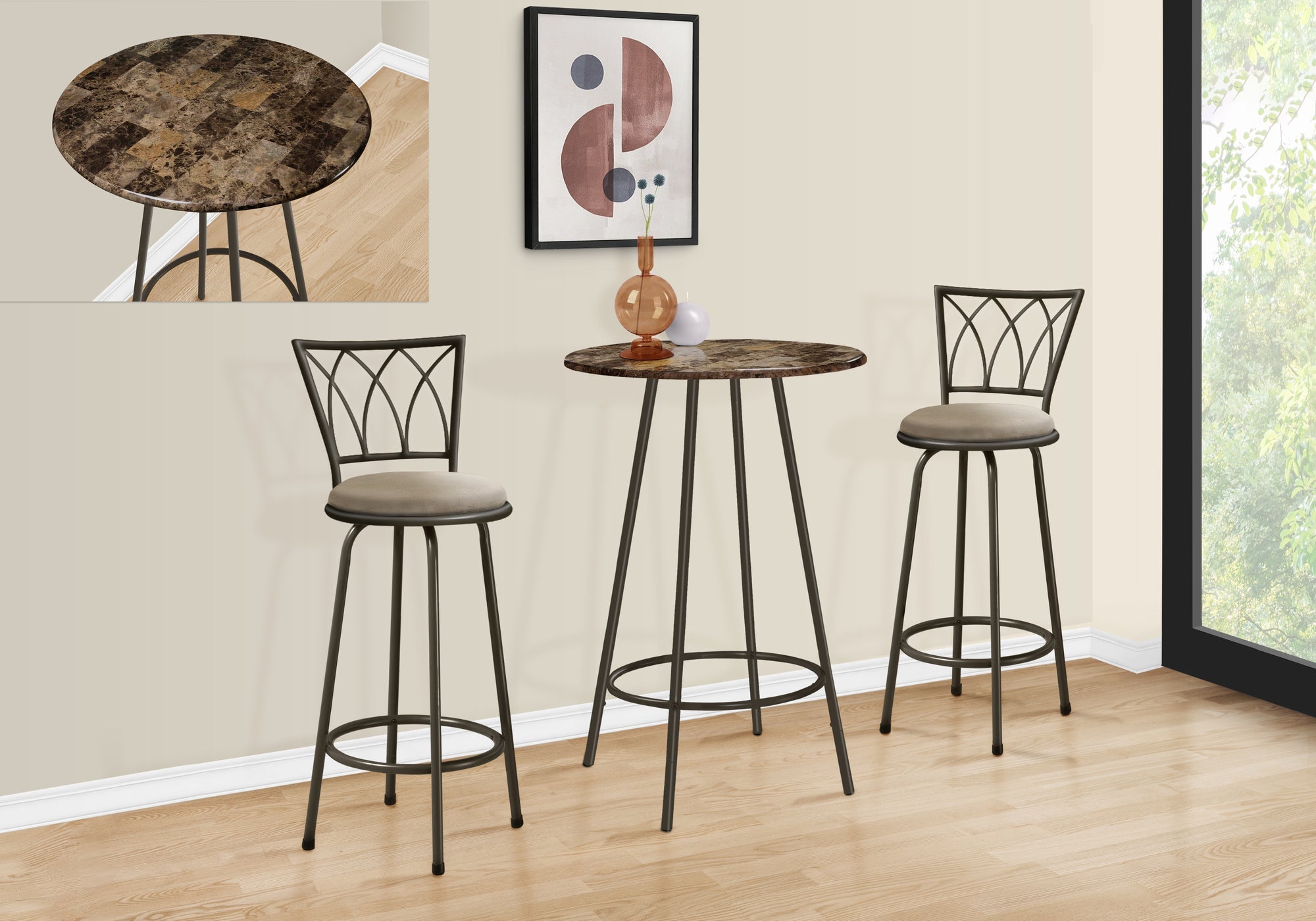 I 2310 Bar Maison, Table De Bar, Hauteur Bar, Pub, 30" Rond, Petit, Cuisine, Métal, Stratifié, D'aspect Marbre Brun, Contemporain, Moderne - Simple Boutique