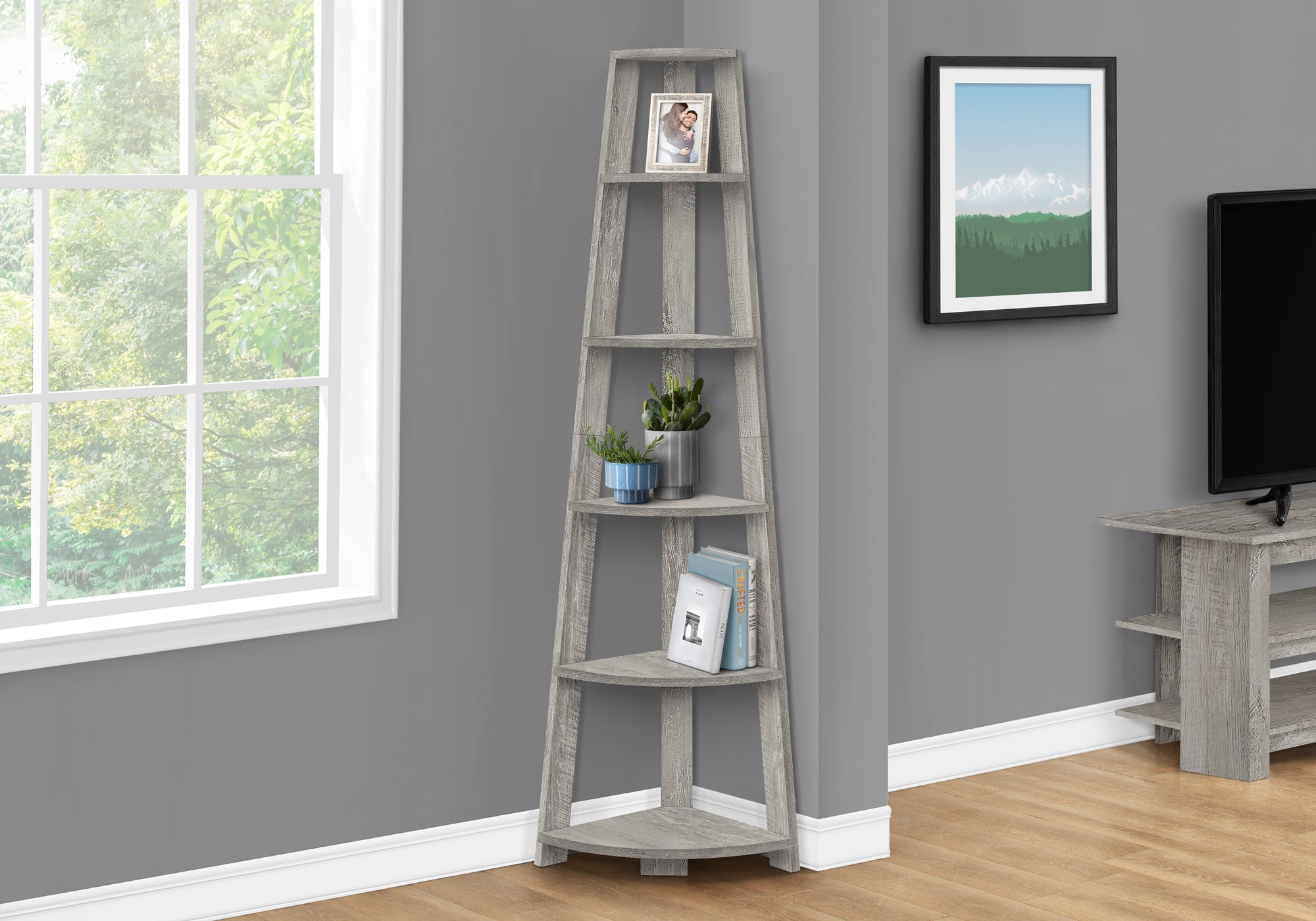 I 2433 Étagère À Livres, Étagère, Étagère, Coin, 5 Niveaux, 72"h, Bureau, Chambre À Coucher, Stratifié, Gris, Contemporain, Moderne - Simple Boutique