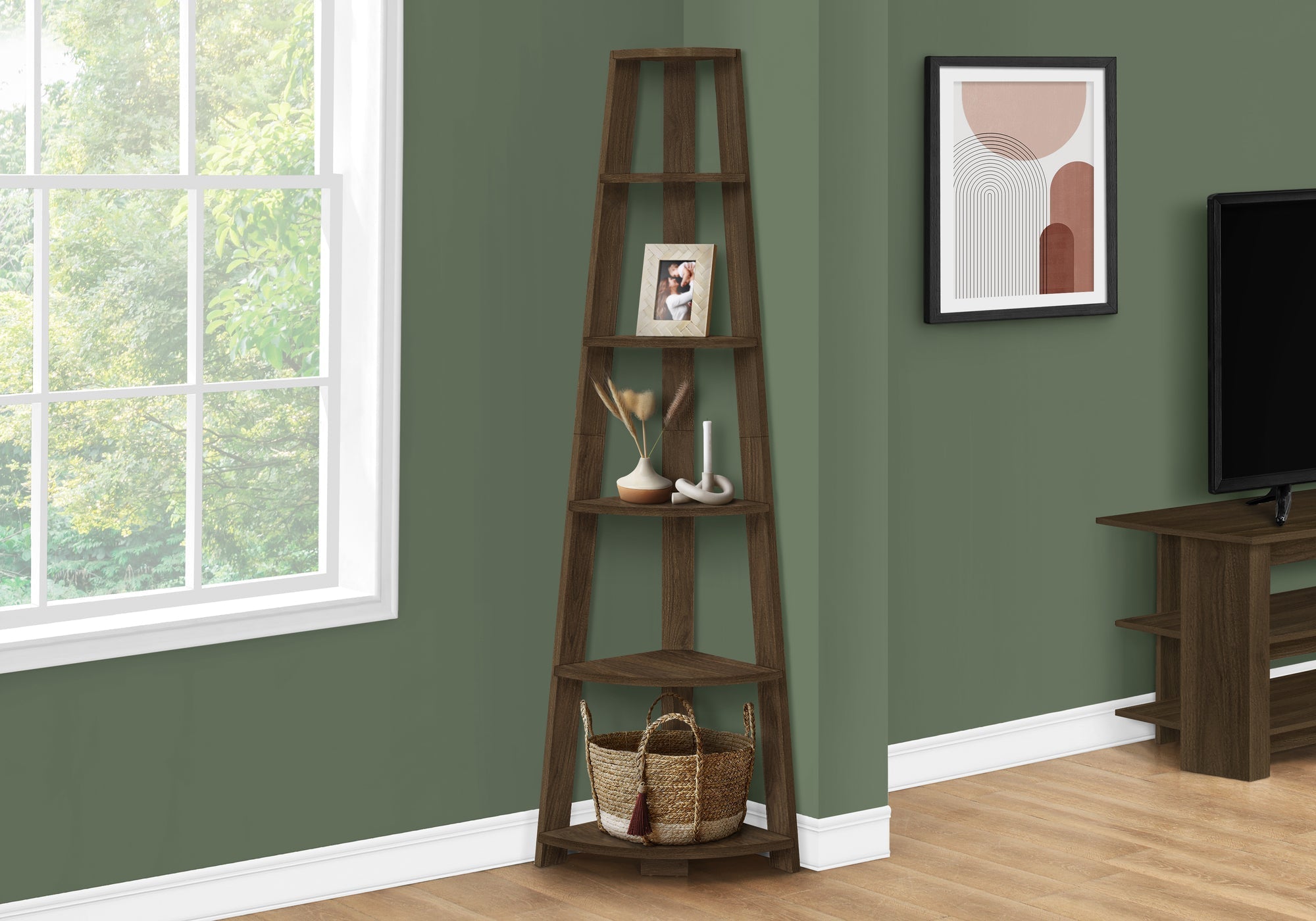 I 2464 Étagère À Livres, Étagère, Étagère, Coin, 5 Niveaux, 72"h, Bureau, Chambre À Coucher, Stratifié, Noyer, Contemporain, Moderne - Simple Boutique