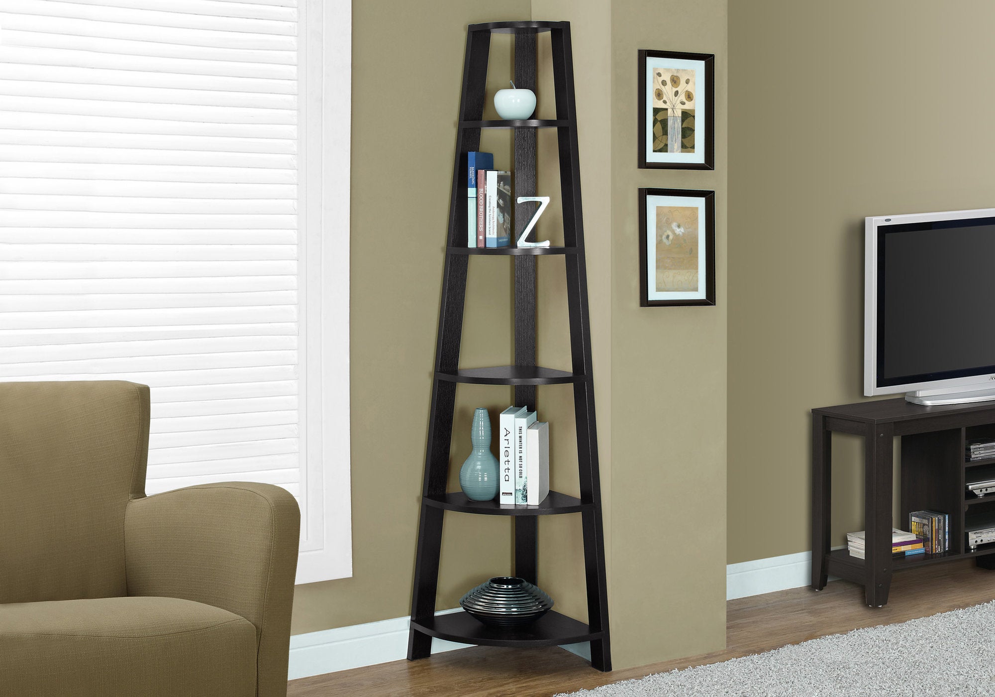 I 2495 Étagère À Livres, Étagère, Étagère, Coin, 5 Niveaux, 72"h, Bureau, Chambre À Coucher, Stratifié, Brun, Contemporain, Moderne - Simple Boutique