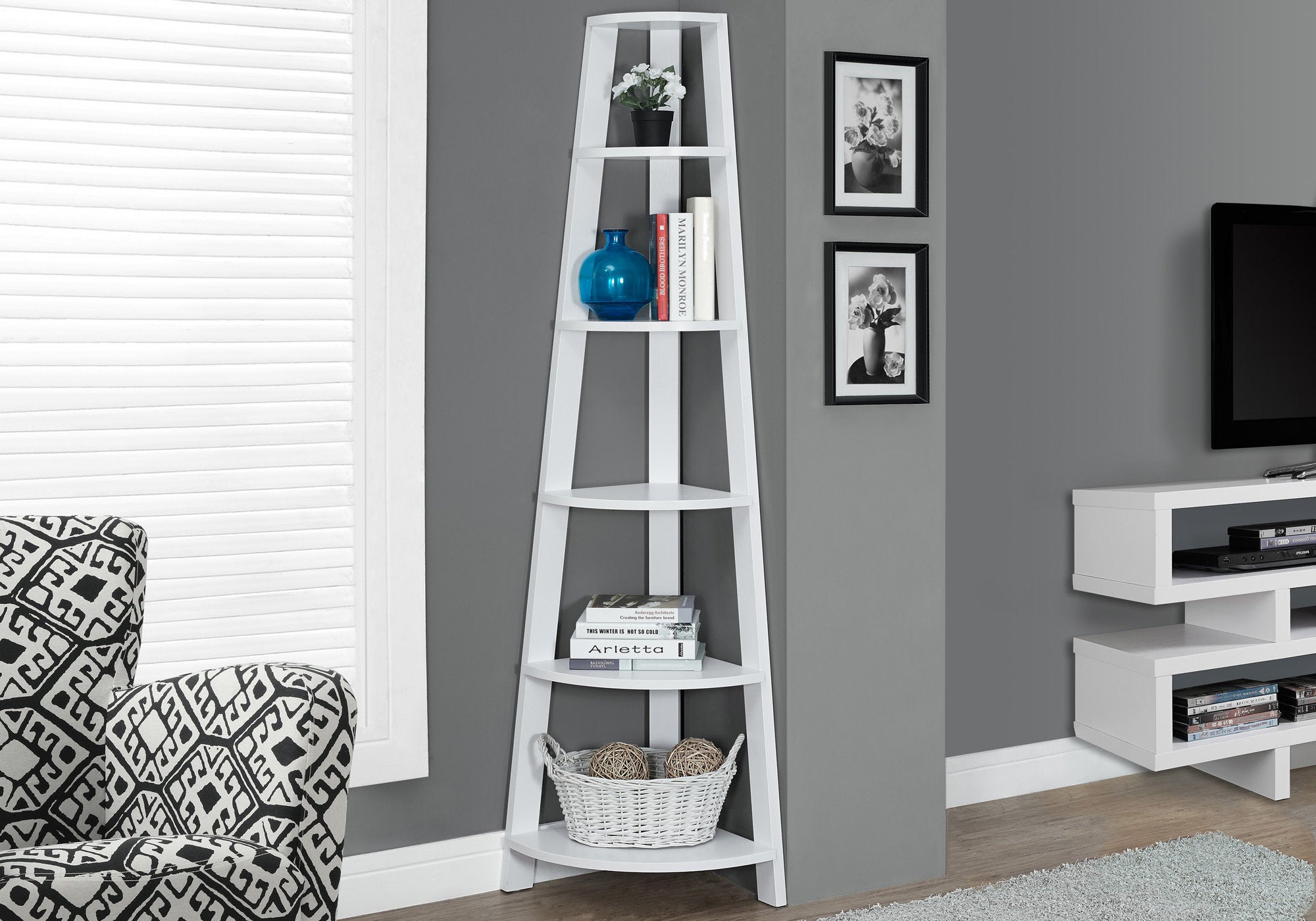 I 2496 Étagère À Livres, Étagère, Étagère, Coin, 5 Niveaux, 72"h, Bureau, Chambre À Coucher, Stratifié, Blanc, Contemporain, Moderne - Simple Boutique