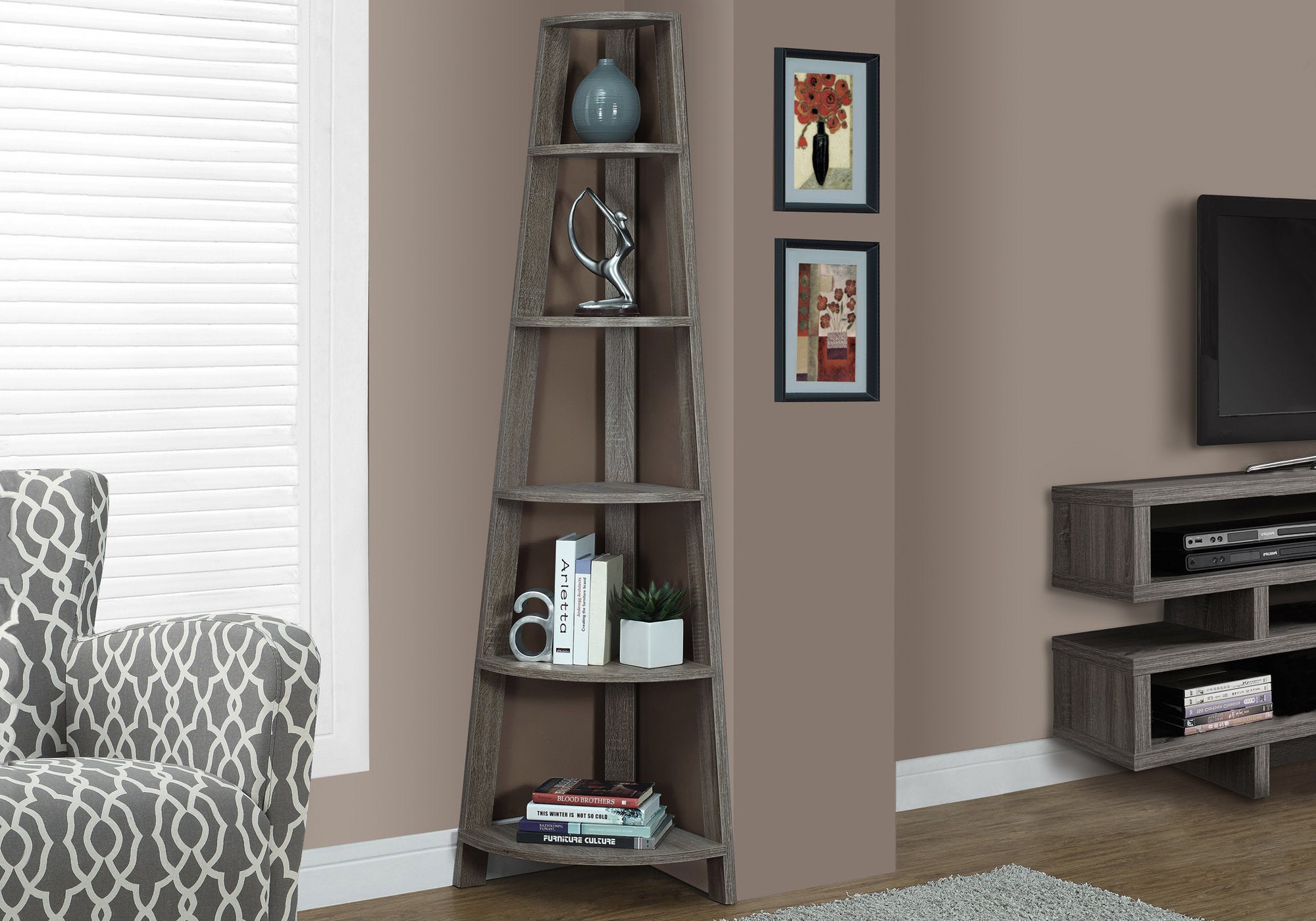 I 2497 Étagère À Livres, Étagère, Étagère, Coin, 5 Niveaux, 72"h, Bureau, Chambre À Coucher, Stratifié, Brun, Contemporain, Moderne - Simple Boutique
