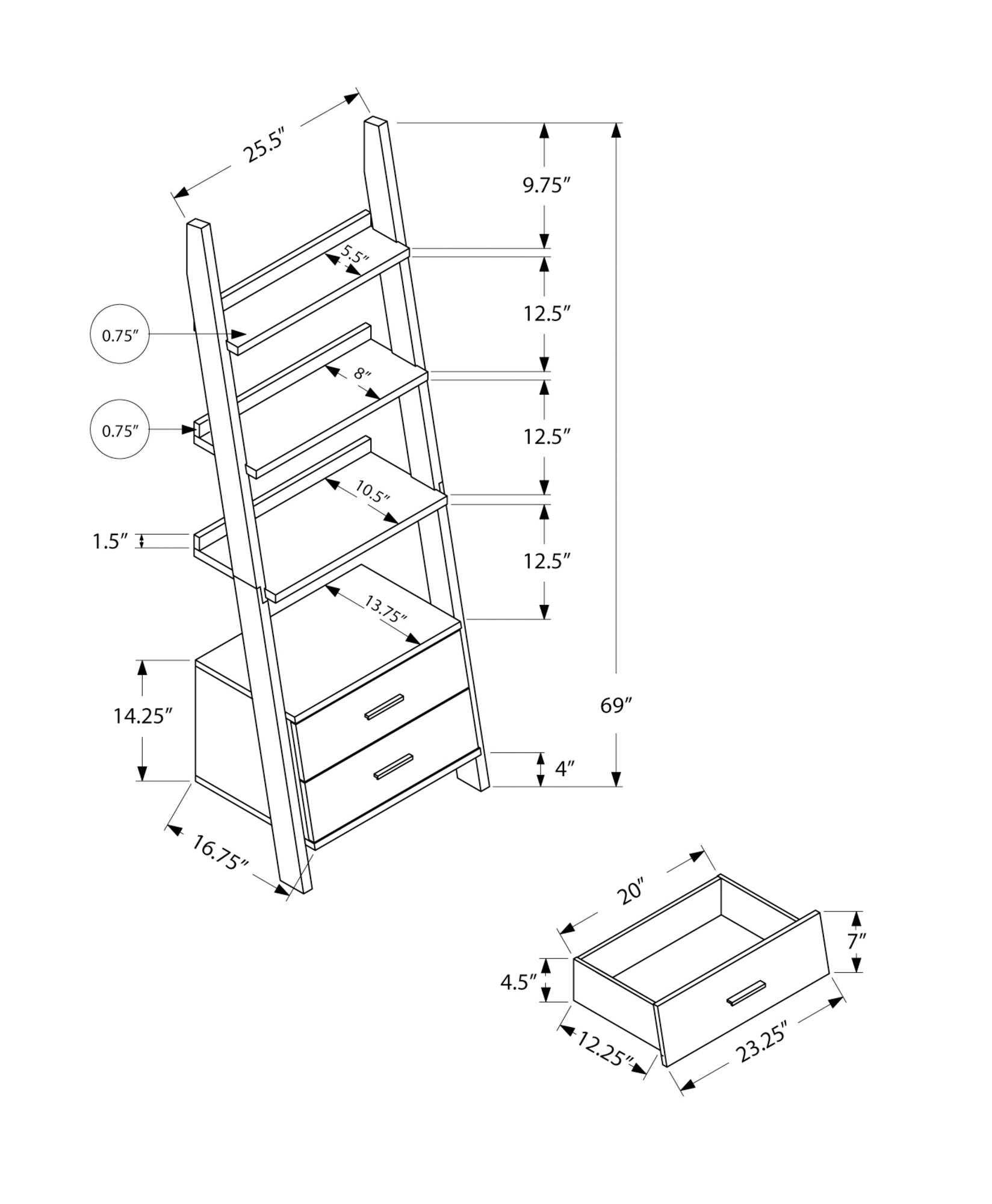 I 2542 Étagère À Livres, Étagère, Étagère, Échelle, 4 Niveaux, 69"h, Bureau, Chambre À Coucher, Stratifié, Brun, Contemporain, Moderne - Simple Boutique