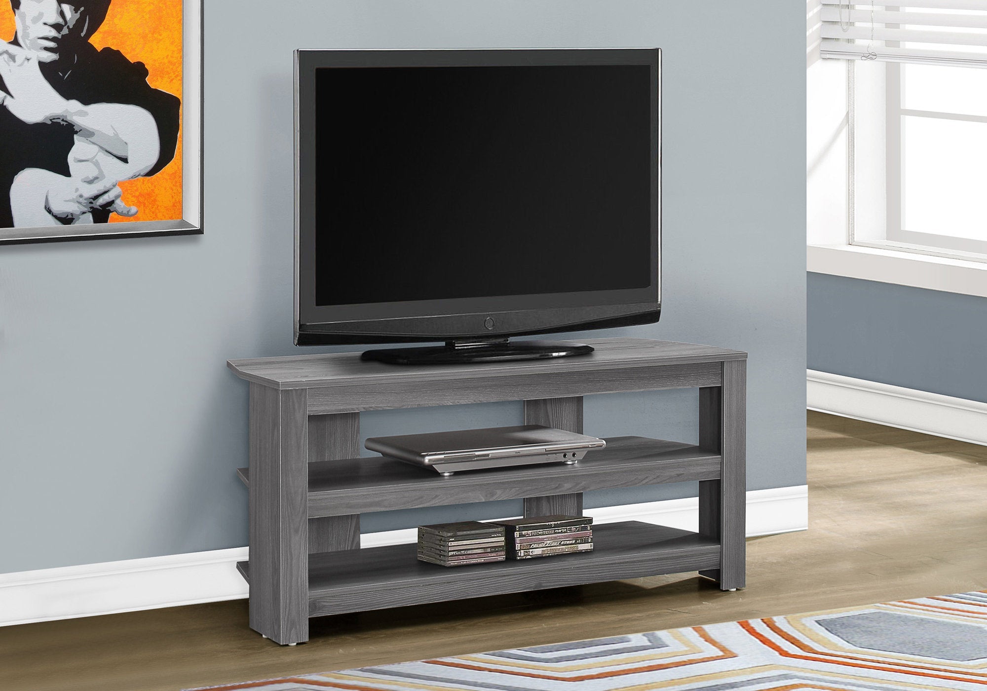 I 2566 Meuble Tv, 42 Pouces, Console, Centre De Divertissement Média, Étagères De Rangement, Salon, Chambre À Coucher, Stratifié, Gris, Contemporain, Moderne - Simple Boutique