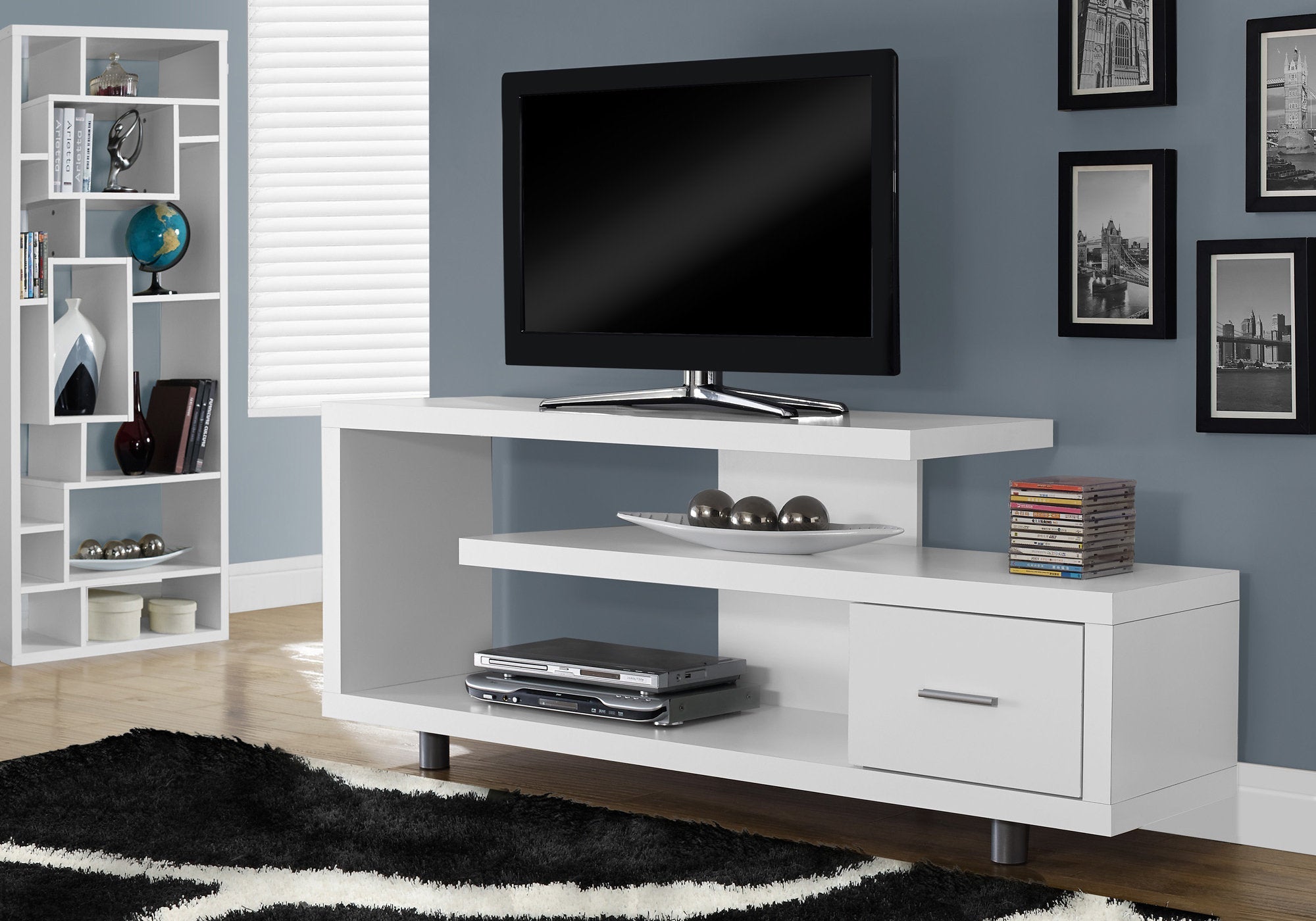 I 2573 Meuble Tv, 60 Pouces, Console, Centre De Divertissement Média, Unite De Rangement, Salon, Chambre À Coucher, Stratifié, Blanc, Contemporain, Moderne - Simple Boutique