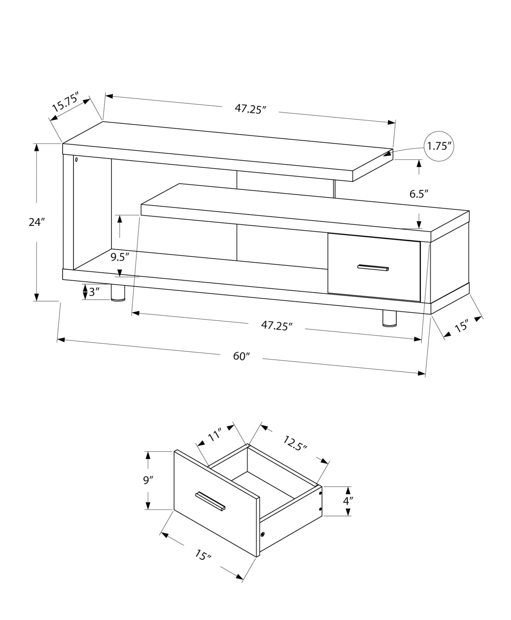 I 2575 Meuble Tv, 60 Pouces, Console, Centre De Divertissement Média, Unite De Rangement, Salon, Chambre À Coucher, Stratifié, Noir, Gris, Contemporain, Moderne - Simple Boutique